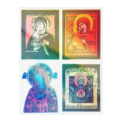Theotokos IconoGraphic Sticker Collection No. 1 by Remembrance of Death features four unique Orthodox Christian icons—Vladimir, Joy of All Joys, and "Of the Sign"—blending traditional and modern designs in blue, red, green, and yellow.
