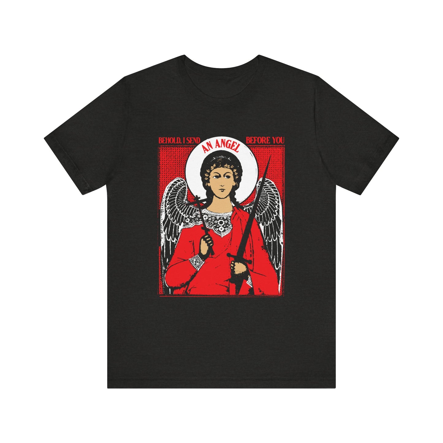 Black Heather unisex tee featuring a guardian angel with cross & sword graphic and the text "Behold I send an Angel before you" (Ex 23:20), inspired by Orthodox iconography and angelic protection. Lightweight cotton.