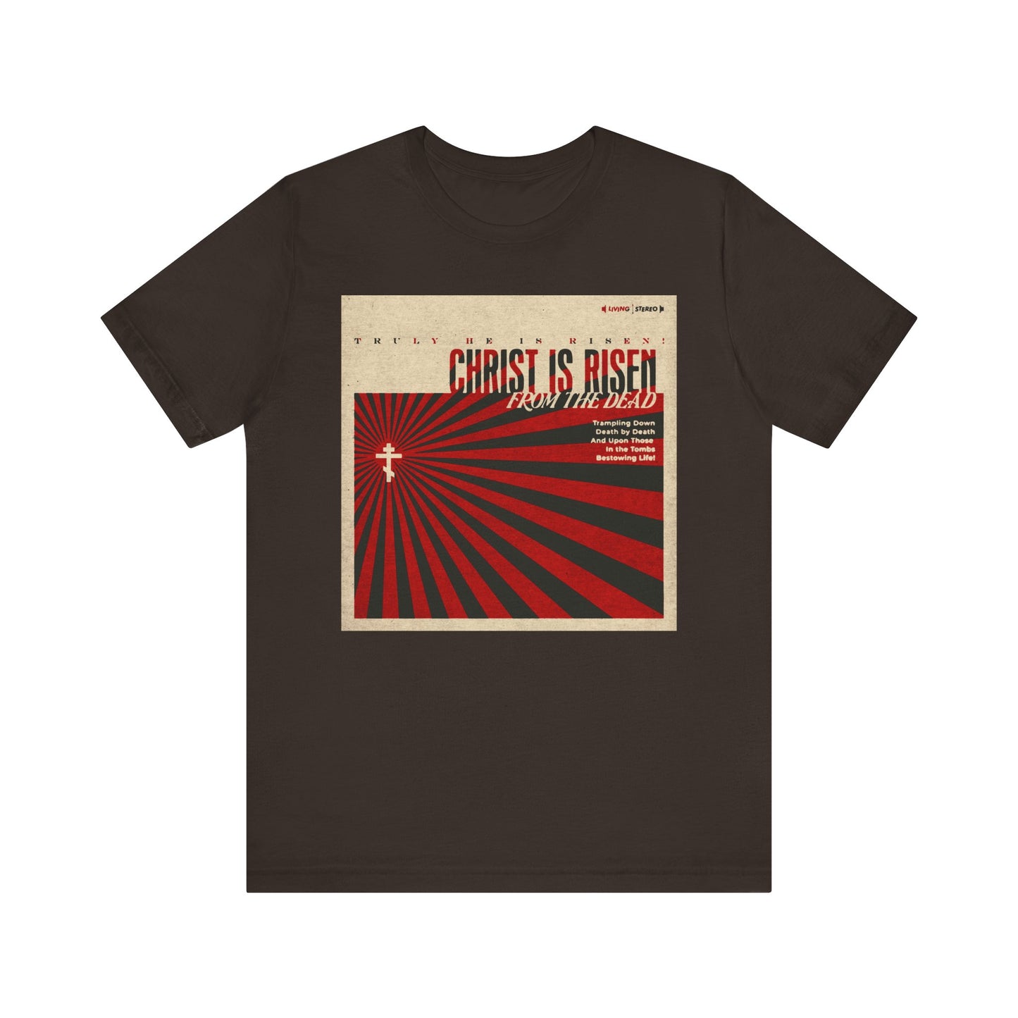 Brown unisex lightweight cotton tee featuring a retro LP cover design with "Christ is Risen from the Dead" from the Paschal Troparion—a vintage-style Orthodox Christian shirt celebrating Christ’s resurrection and victory over death.