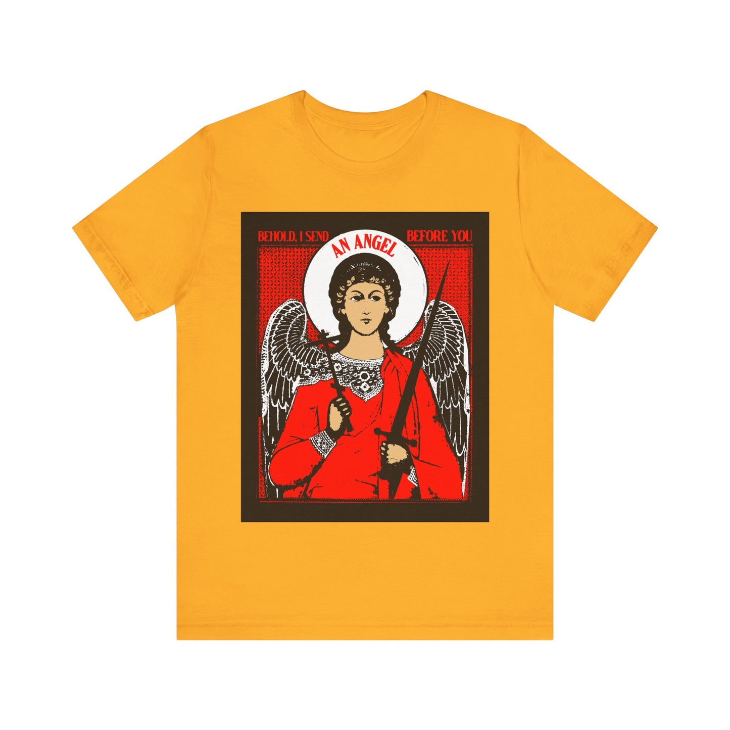 Behold, I Send an Angel Before You (Exodus 23:20) | Guardian Angel With Cross and Sword IconoGraphic | Orthodox Christian Cotton T-Shirt
