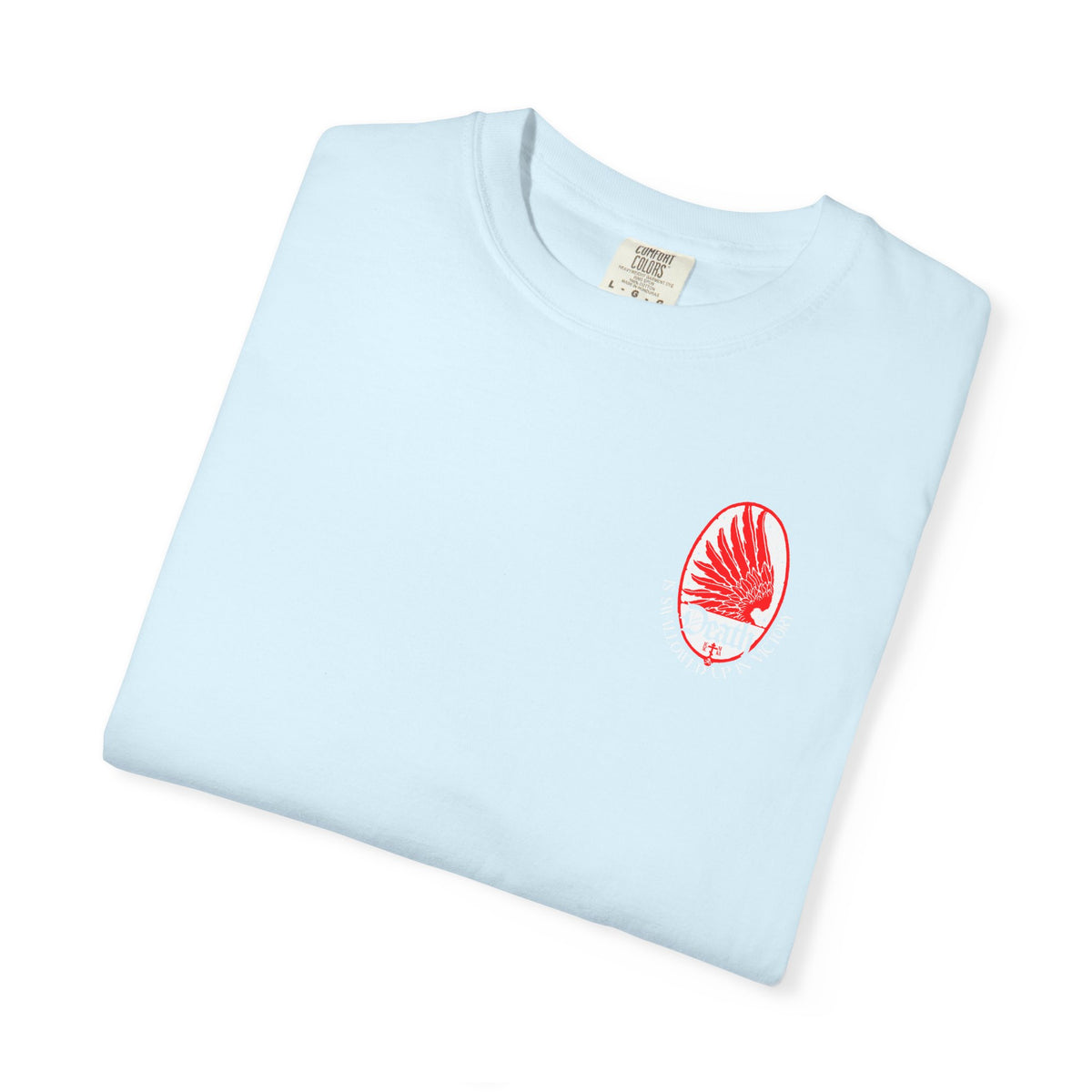 Light blue folded Death is Swallowed Up In Victory T-Shirt with a red eagle wing emblem on the chest.