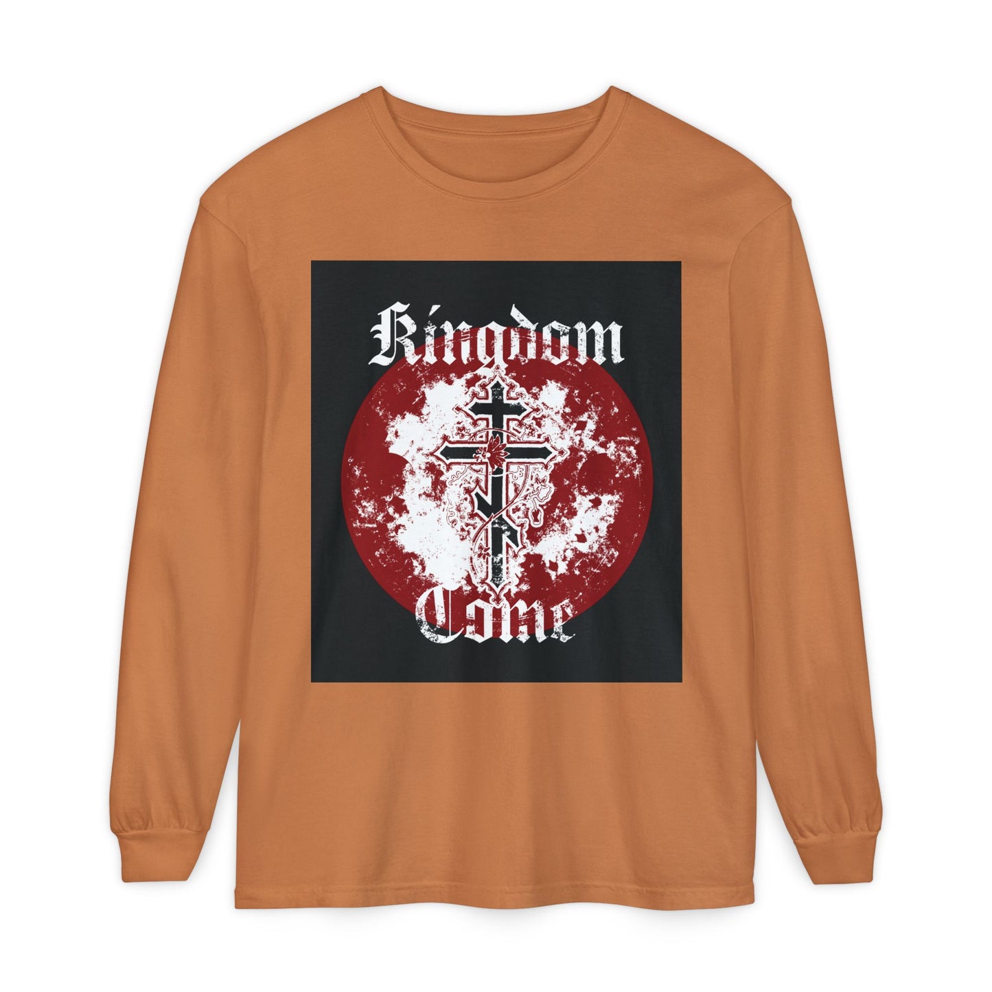 Kingdom Come | Lord's Prayer | Orthodox Cross with Vine | Textured Gothic Font | Orthodox Long Sleeve Cotton Shirt