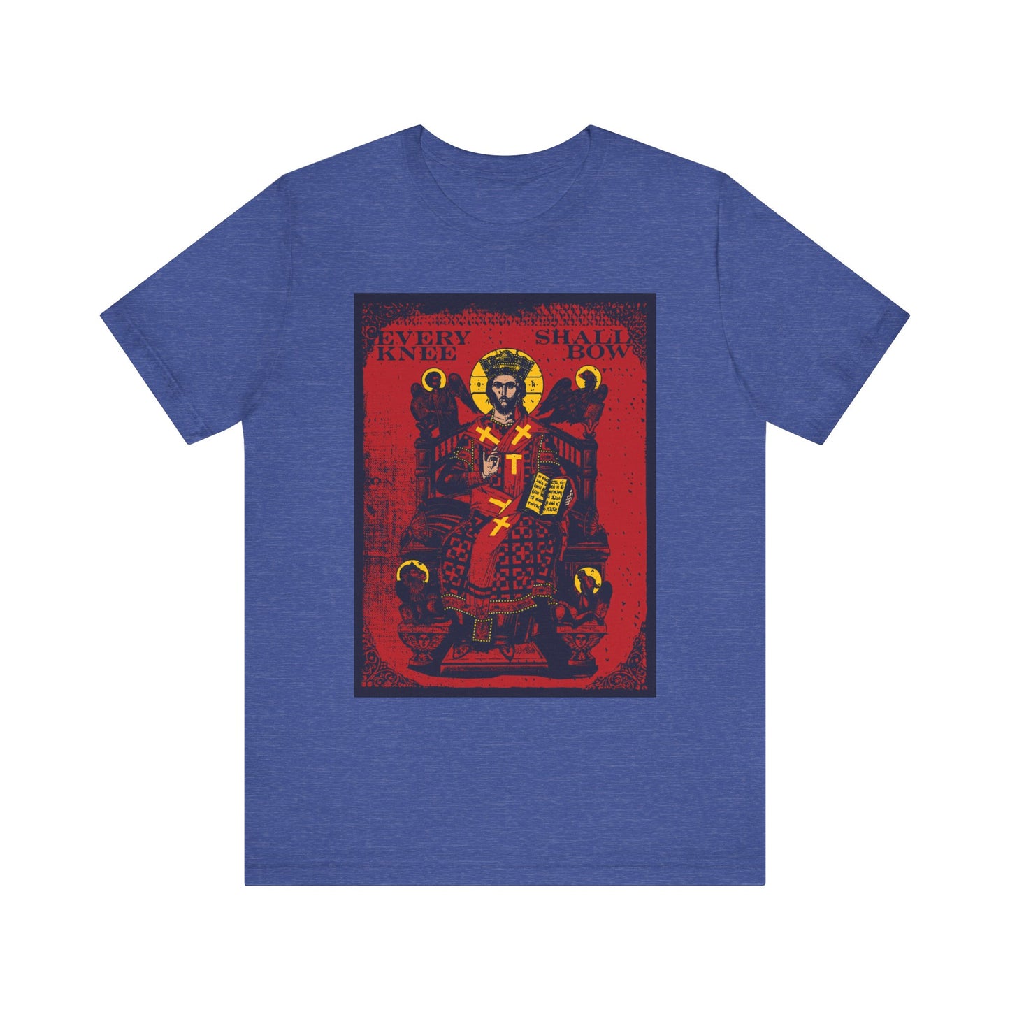 Heather True Royal unisex t-shirt featuring a crowned Christ Enthroned graphic and "Every Knee Shall Bow," inspired by Phil 2:8-11, Isaiah 45:23, and Ezekiel's Chariot; lightweight cotton design.