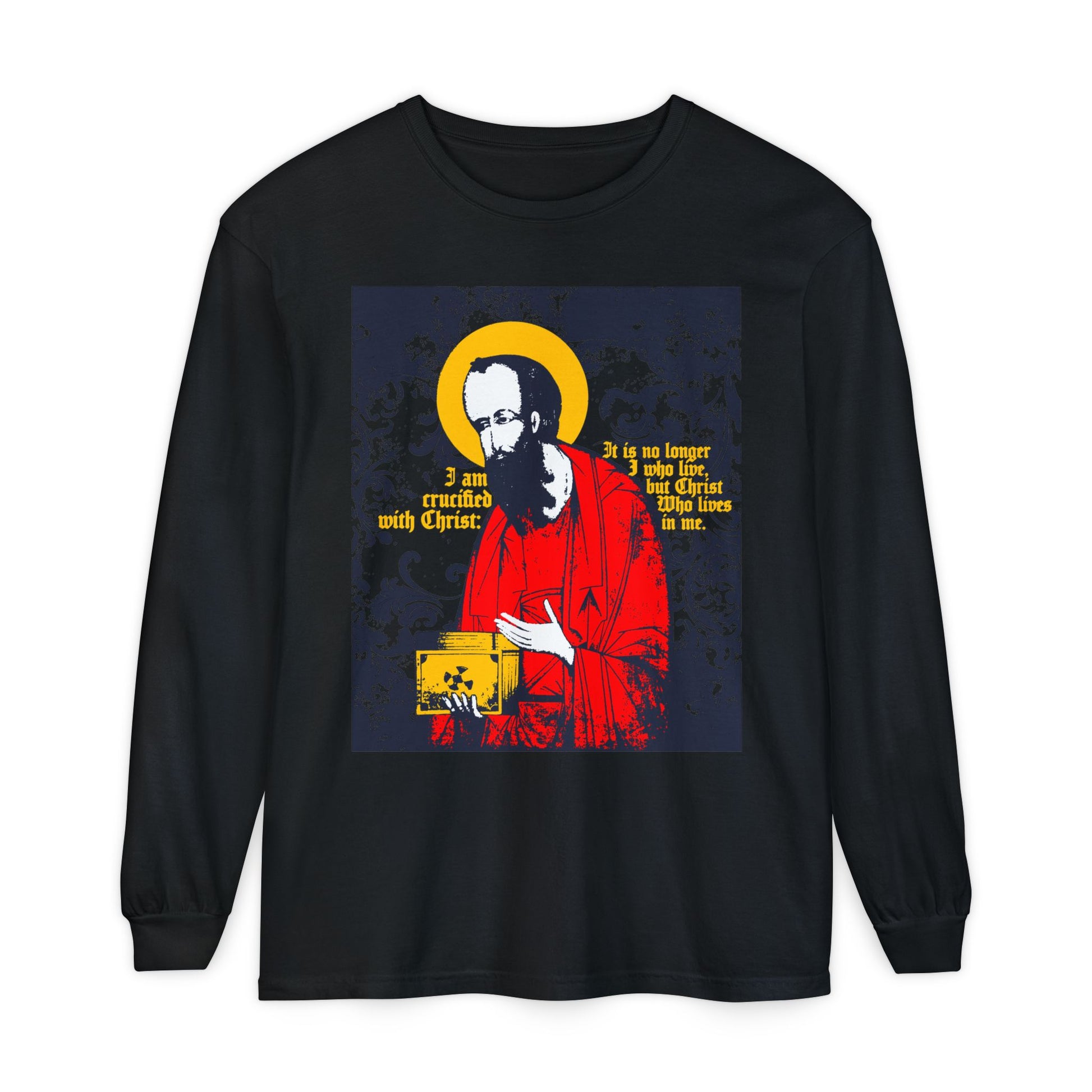 Black "St Paul Holding Gospel" Orthodox Christian long sleeve shirt features iconographic art and Galatians 2:20: "I am crucified with Christ." A meaningful expression of faith, now available in elegant black.