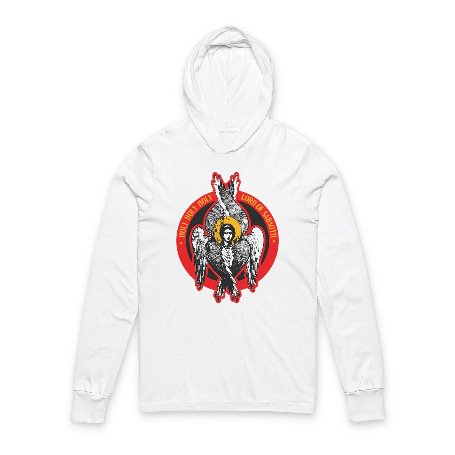 White "Holy Holy Holy, Lord of Sabaoth" hoodie with an Orthodox Seraphim angel iconographic graphic inspired by Isaiah 6, featuring stylized wings and a red radiant halo.