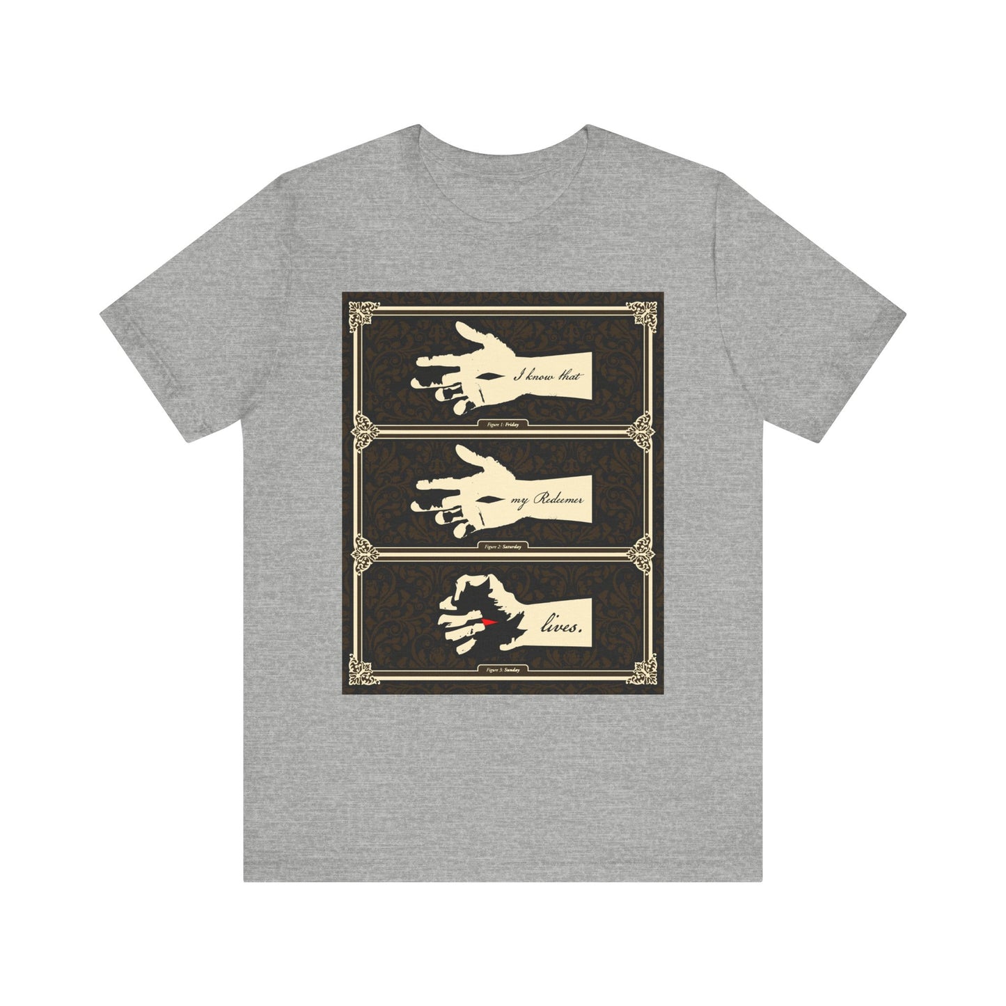 Athletic Heather tee, "I Know That My Redeemer Lives (Job 19:25)," features illustrated hands of the crucified Christ in earthtone Americana style. Lightweight unisex cotton shirt referencing spiritual struggle and redemption.