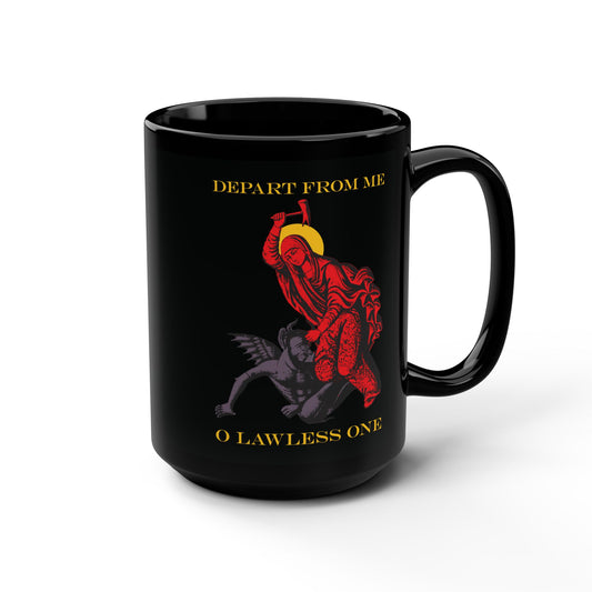 St Marina IconoGraphic (Depart from Me O Lawless One) | Saint Beating the Devil with a Hammer | Orthodox Christian Black Mug