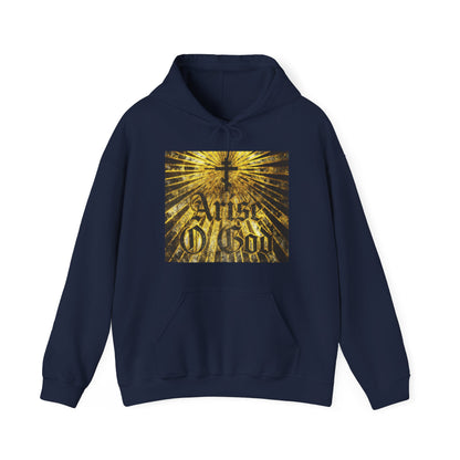 Navy “Arise O God” hoodie with Orthodox Cross, golden rays, and textured Gothic font, inspired by Psalm 81 (82 LXX) and the Divine Council worldview.
