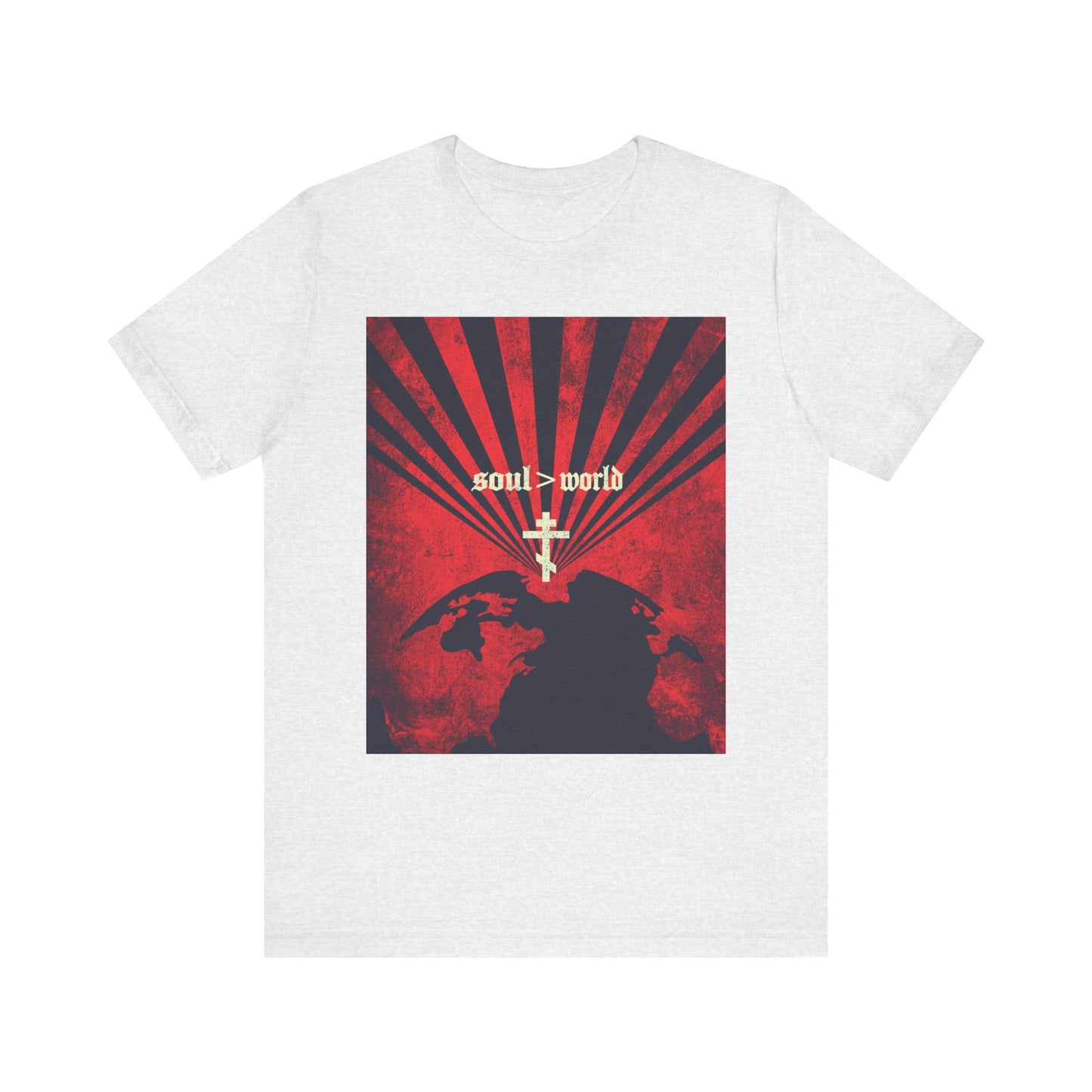 Ash T-shirt featuring a red earth graphic with a white cross and the phrase "Soul Is Greater Than World," inspired by Matthew 16:26, from the "What Shall it Profit a Man" collection—lightweight cotton unisex design.