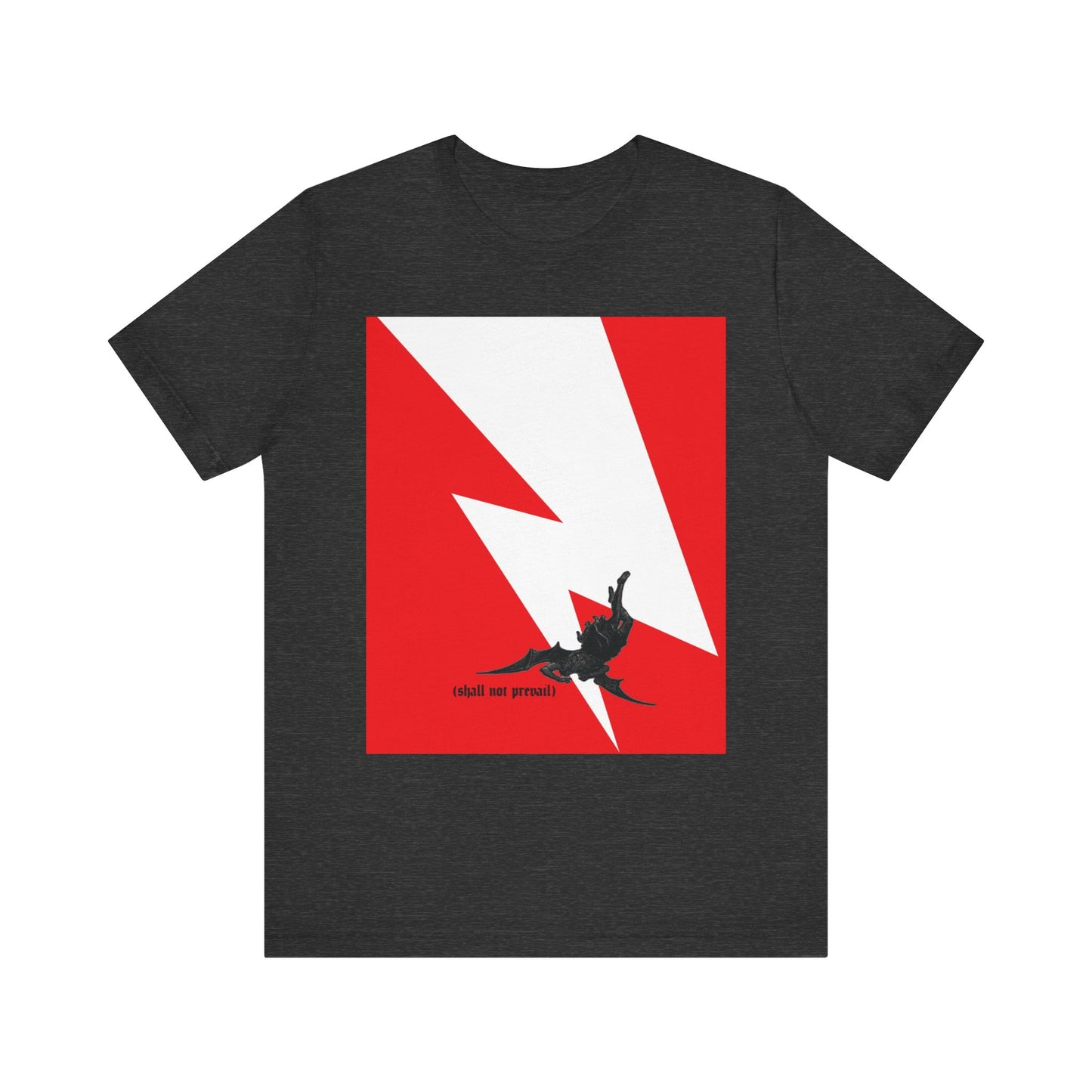 Dark Grey Heather t-shirt featuring a minimalist red and white lightning bolt with a small black falling figure, inspired by Satan’s fall from heaven in Luke 10:18—a striking symbol of pride undone. The text reads “shall not prevail.”.
