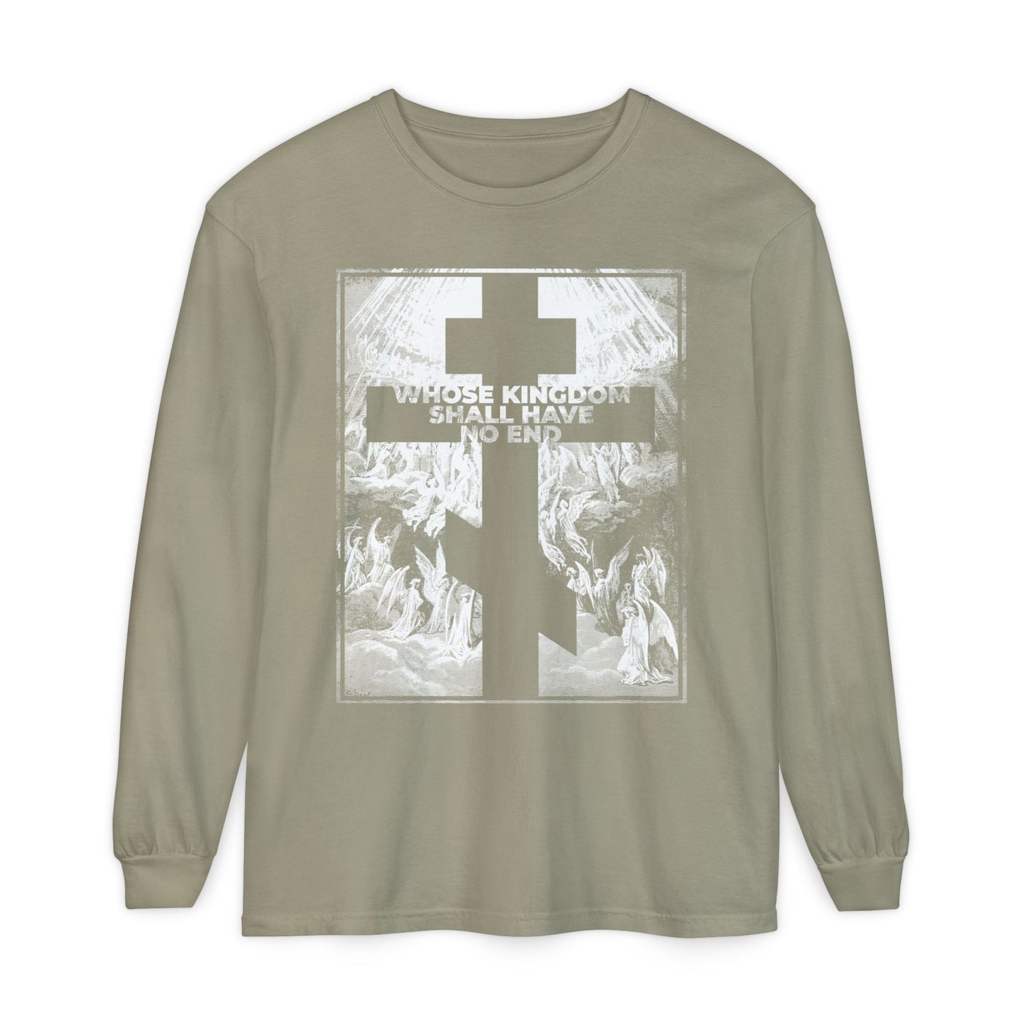 Sandstone long-sleeve shirt with cross and “Whose Kingdom Shall Have No End” over a Gustave Doré etching—an inspiring design reflecting the Nicene Creed’s enduring truths in Orthodox Christian faith.