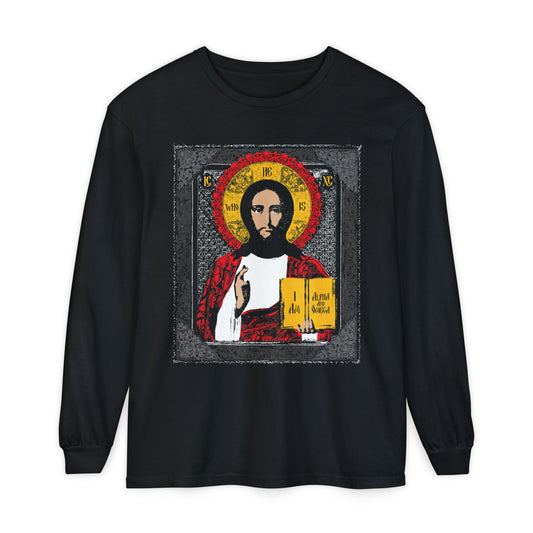 Black Christ Pantocrator Icono-Graphic long-sleeve cotton shirt featuring an ancient Orthodox icon of Jesus holding a gold book, with "I AM" inspired by Exodus 3:14 and "Alpha and Omega" woven into the design.