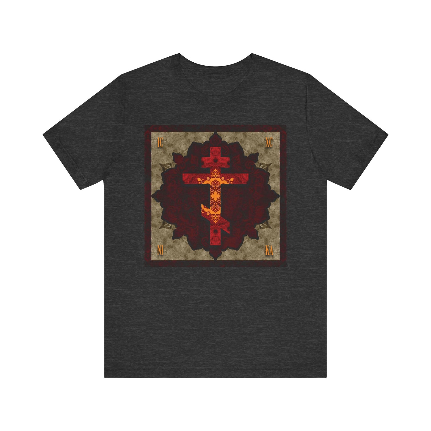 Dark Grey Heather t-shirt featuring the ICXC NIKA Artistic Textured Red & Gold Russian Cross design with a decorative border on the front, inspired by Orthodox Christian tradition and evoking the virtues of humility and faith exemplified by St. John of Shanghai and San Francisco. Made from lightweight cotton in a unisex fit.