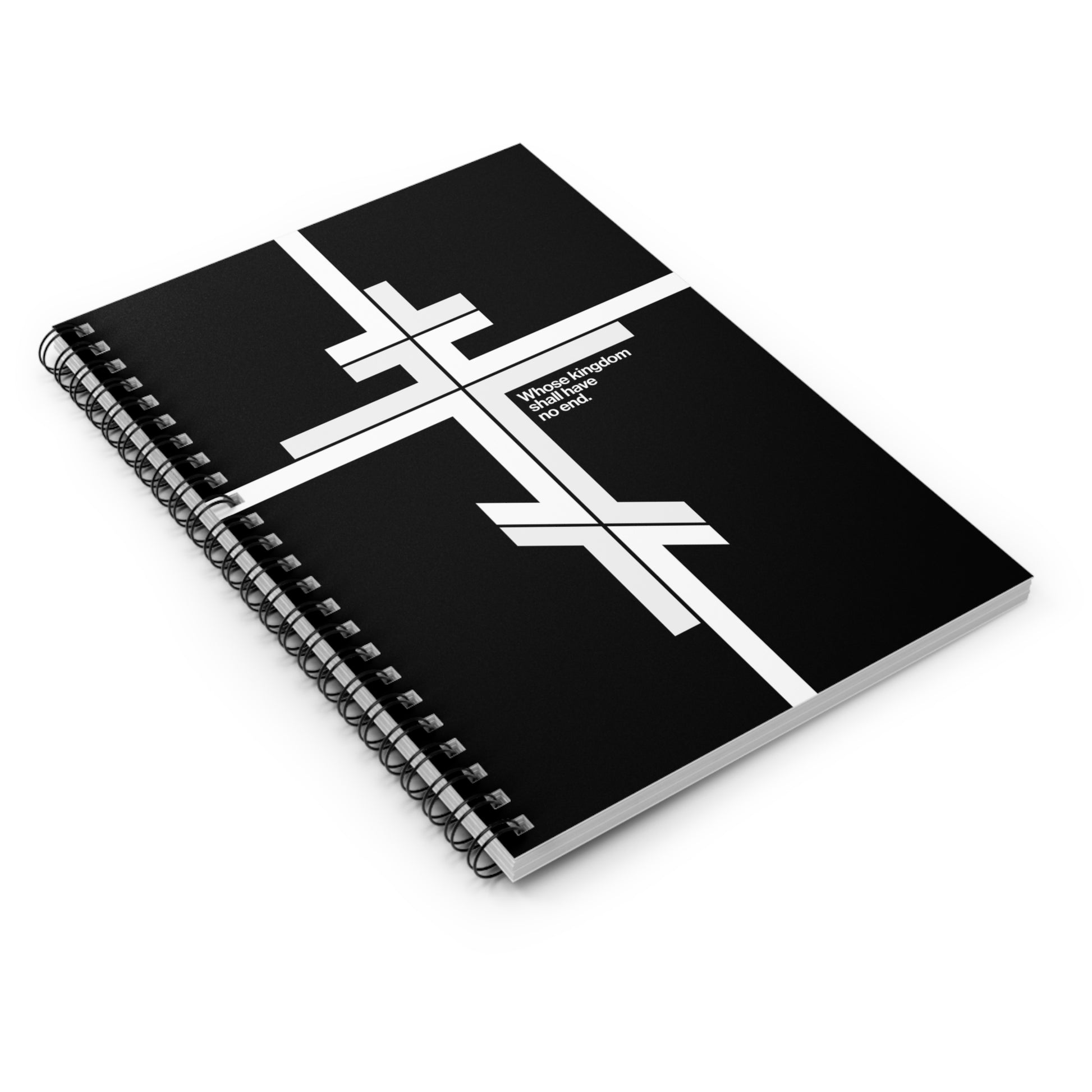 Modernist minimalist spiral notebook featuring an Orthodox cross and the phrase "Whose Kingdom Shall Have No End" (Luke 1:32-33) on the cover—perfect for reflecting on Christ’s eternal kingdom.