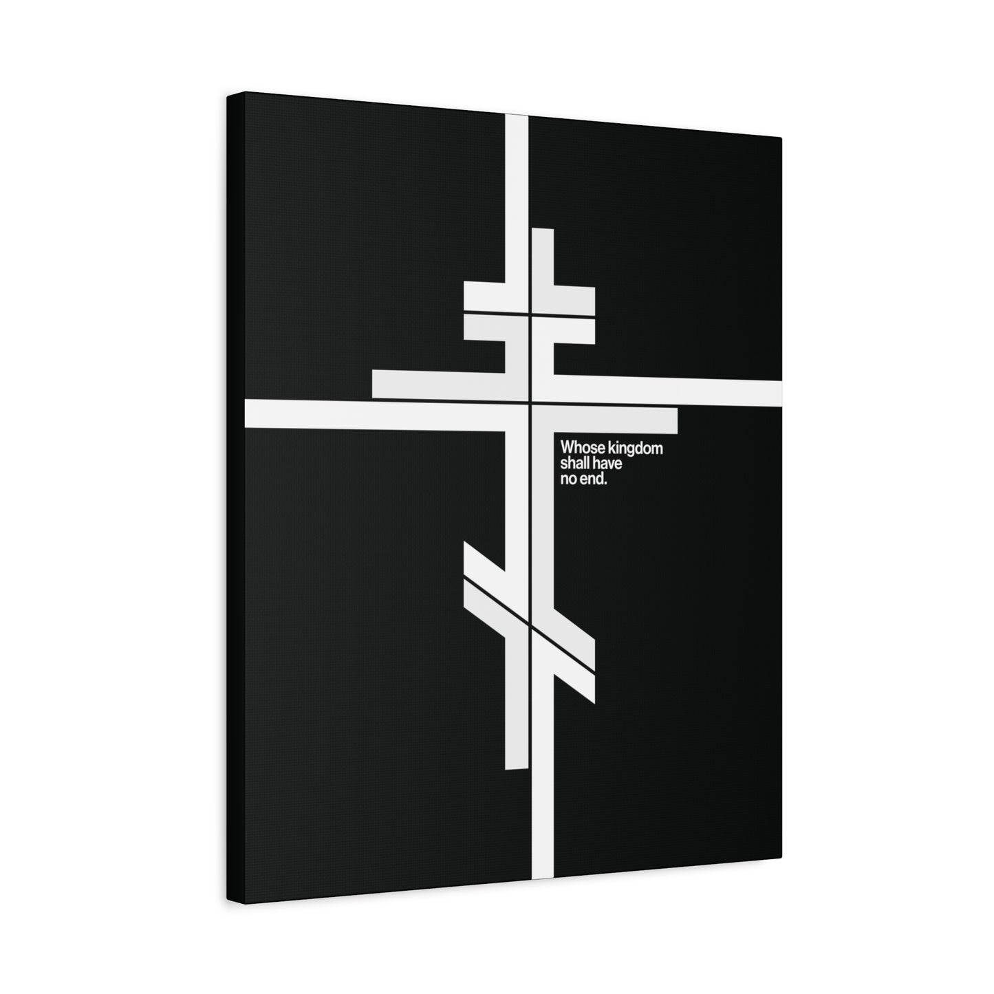 Modernist minimalist canvas art featuring a white Orthodox cross and "Whose Kingdom Shall Have No End" from Luke 1:32-33, symbolizing Christ’s enduring kingdom—Orthodox Christian wall decor.
