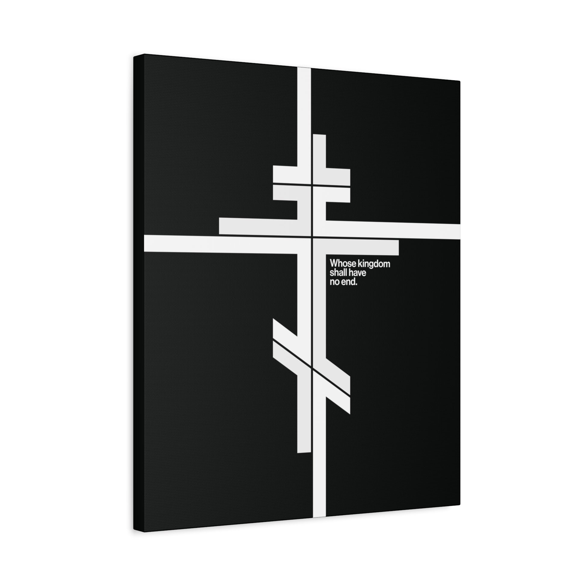 Modernist minimalist canvas art featuring a white Orthodox cross and "Whose Kingdom Shall Have No End" from Luke 1:32-33, symbolizing Christ’s enduring kingdom—Orthodox Christian wall decor.