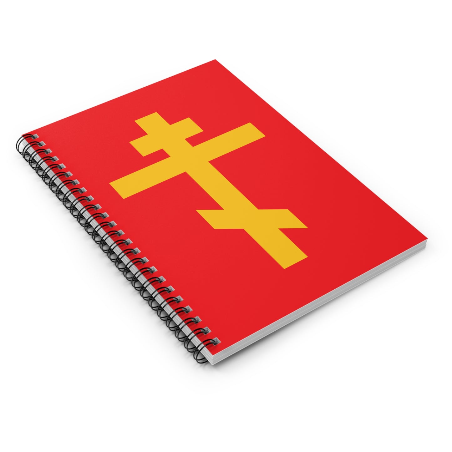 Yellow Orthodox Cross Red Background Spiral Notebook—Precious and Life-Giving Weapon of Unseen Warfare, Scourge of Demons. Orthodox design on red cover, inspired by faith and spiritual victory.