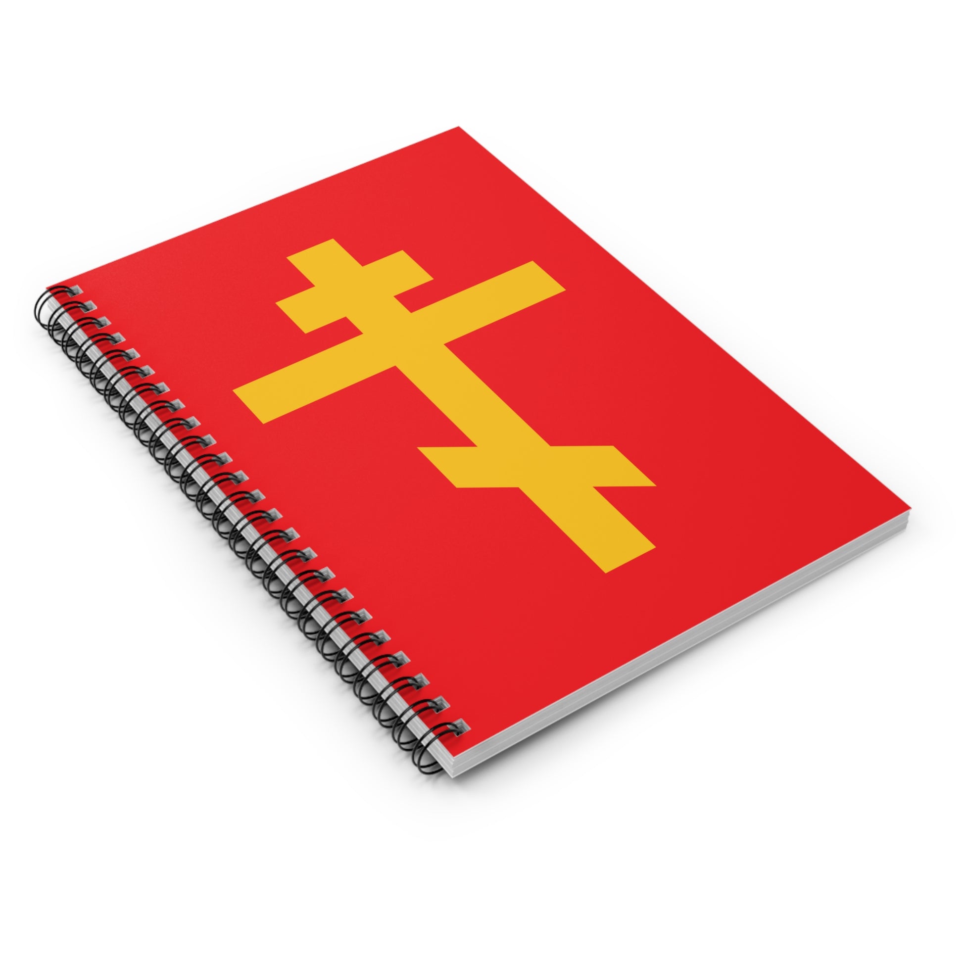 Yellow Orthodox Cross Red Background Spiral Notebook—Precious and Life-Giving Weapon of Unseen Warfare, Scourge of Demons. Orthodox design on red cover, inspired by faith and spiritual victory.