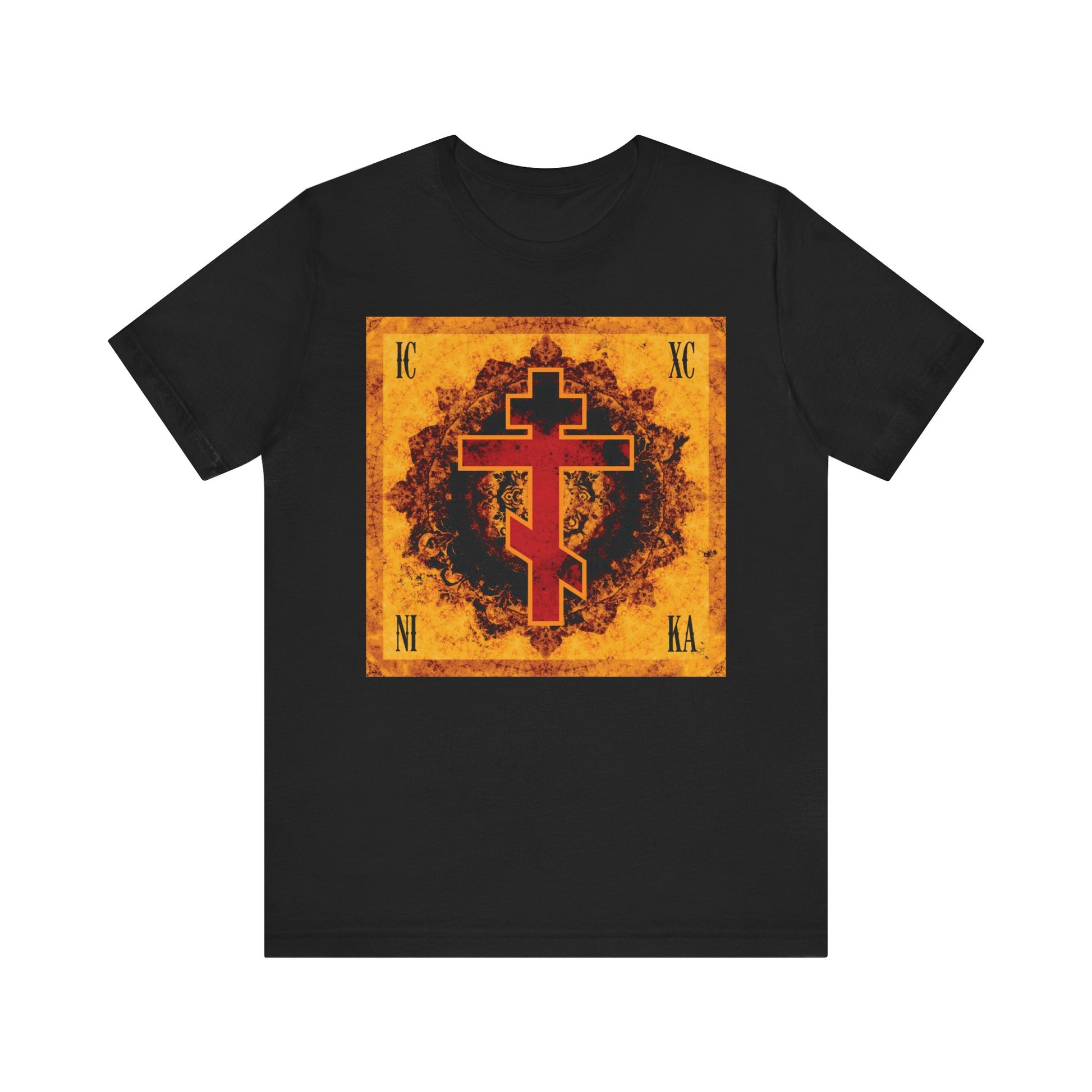 Black ICXC NIKA Light/Dark Bright Orange & Red Ornate Cross t-shirt, featuring a red Orthodox cross representing the Elevation of the Precious Cross, set on an orange textured square with stylized corner letters; made from lightweight cotton and suitable for all.