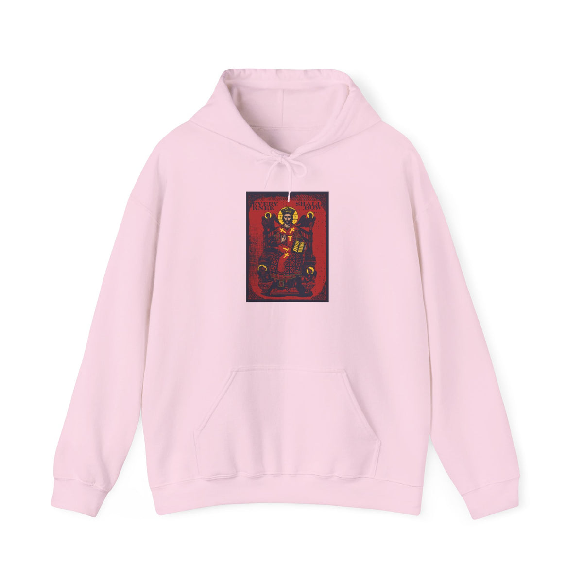 Light pink “Every Knee Shall Bow (Phil 2:8-11, Isaiah 45:23) | Christ Enthroned IconoGraphic | 4 Living Creatures (Ezekiel’s Chariot) | Orthodox Hoodie” featuring a red graphic on the front center that showcases a skeleton holding scales and swords, inspired by the message that every knee shall bow and confess Jesus Christ is Lord.