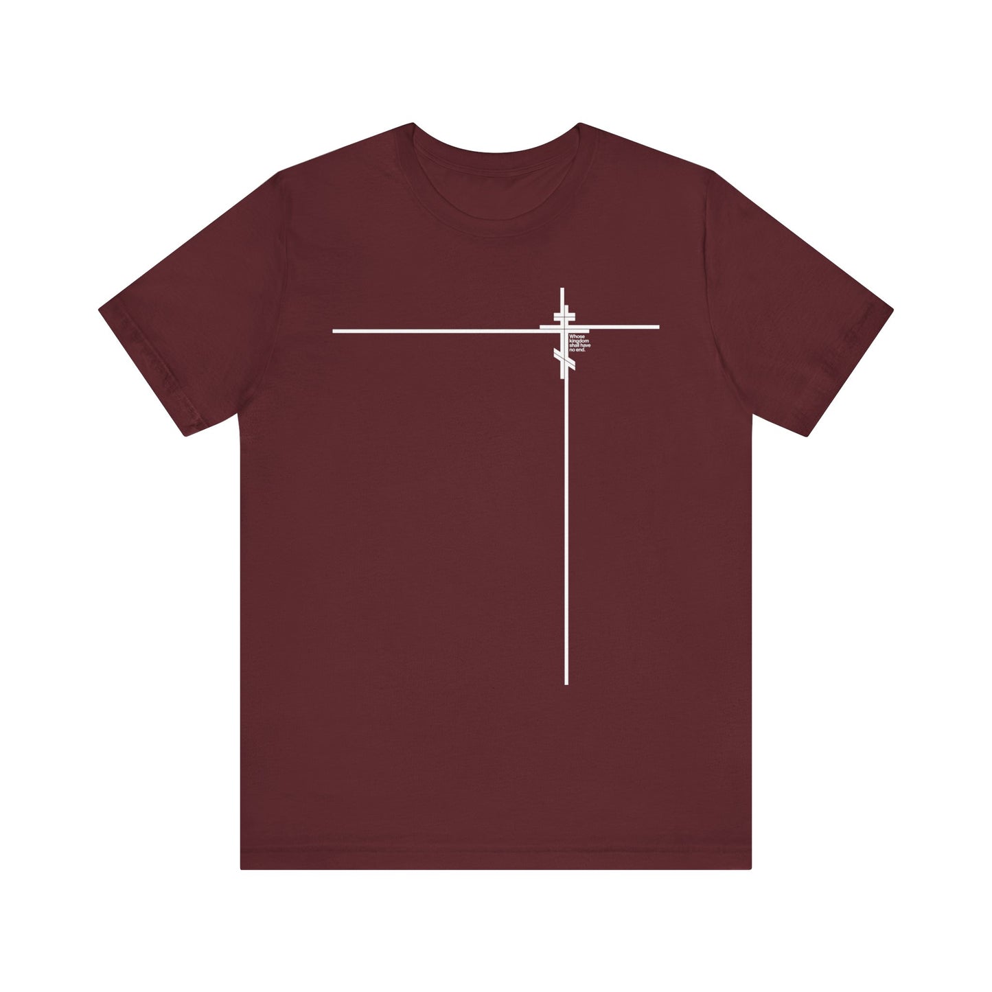Whose Kingdom Shall Have No End (Small Design) t-shirt—crafted from lightweight cotton in maroon—features a minimalist white Orthodox cross and intersecting lines on the upper left, inspired by Luke 1:32-33 and themes of Christ’s kingdom in Orthodox doctrine.