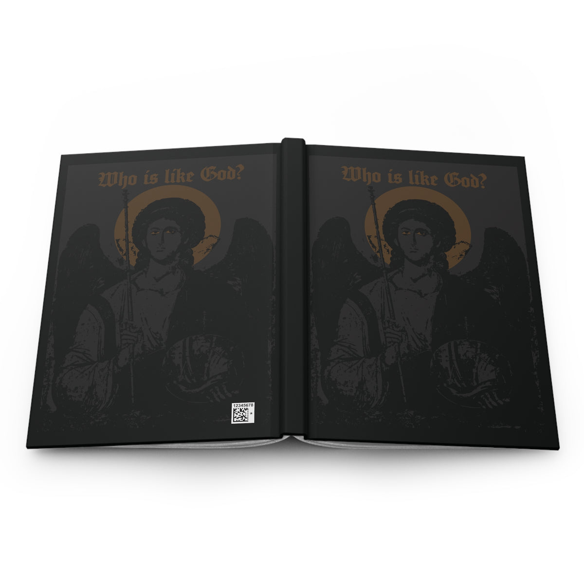 Featuring the “Who Is Like God? Archangel Michael Icono-Graphic” design—with a cross on the front left breast and rendered in black & bronze—this Goth Christian hardcover journal showcases an open book illustration of a dark angel with gold halo and the phrase “Who is like God?” on both pages, powerfully inspired by Orthodox Christian tradition and the protective presence of Archangel Michael.