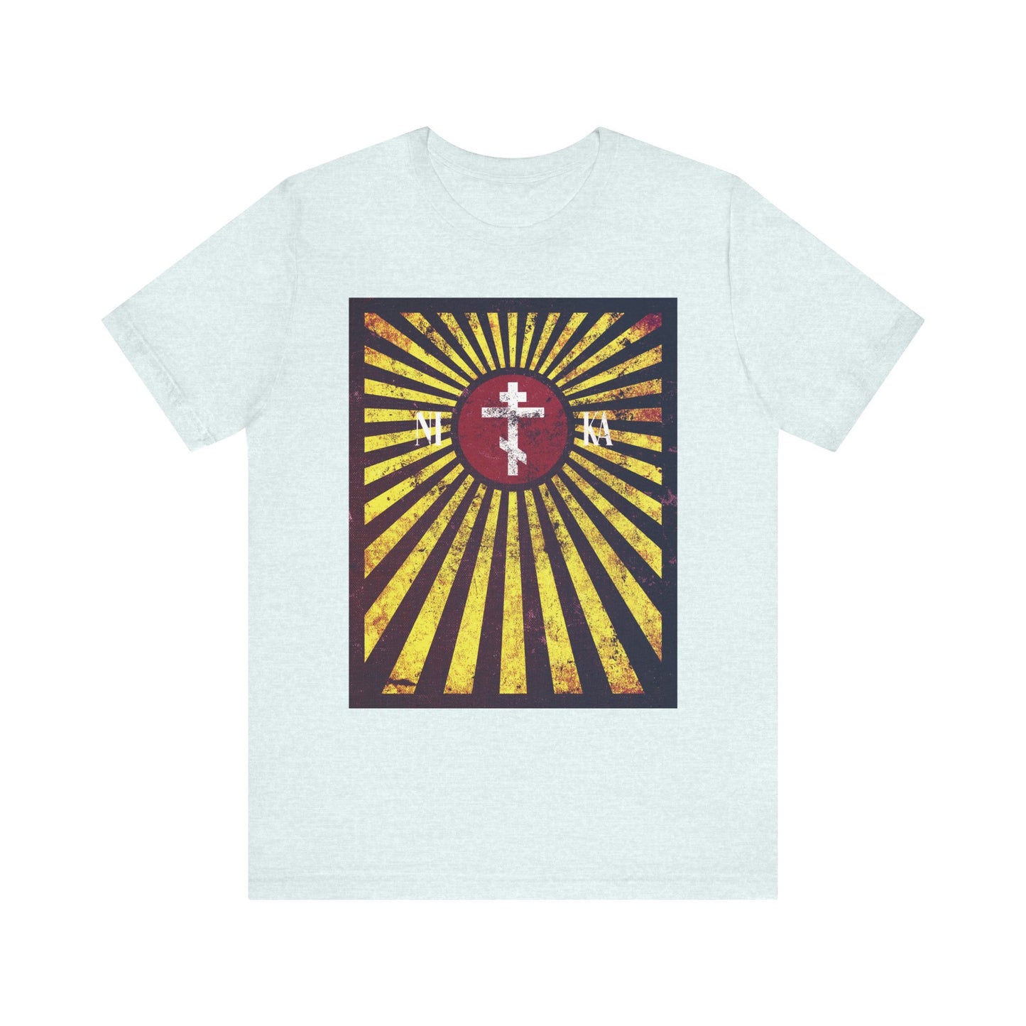 Sure! Here’s a rewritten version of the sentence using the provided product data: Heather Ice Blue NIKA Red Rising Sun Cross with Golden Rays Lightweight Cotton Unisex T-Shirt, featuring a distressed textured flag design that powerfully symbolizes the spiritual journey inspired by St. Paisios of Mount Athos.
