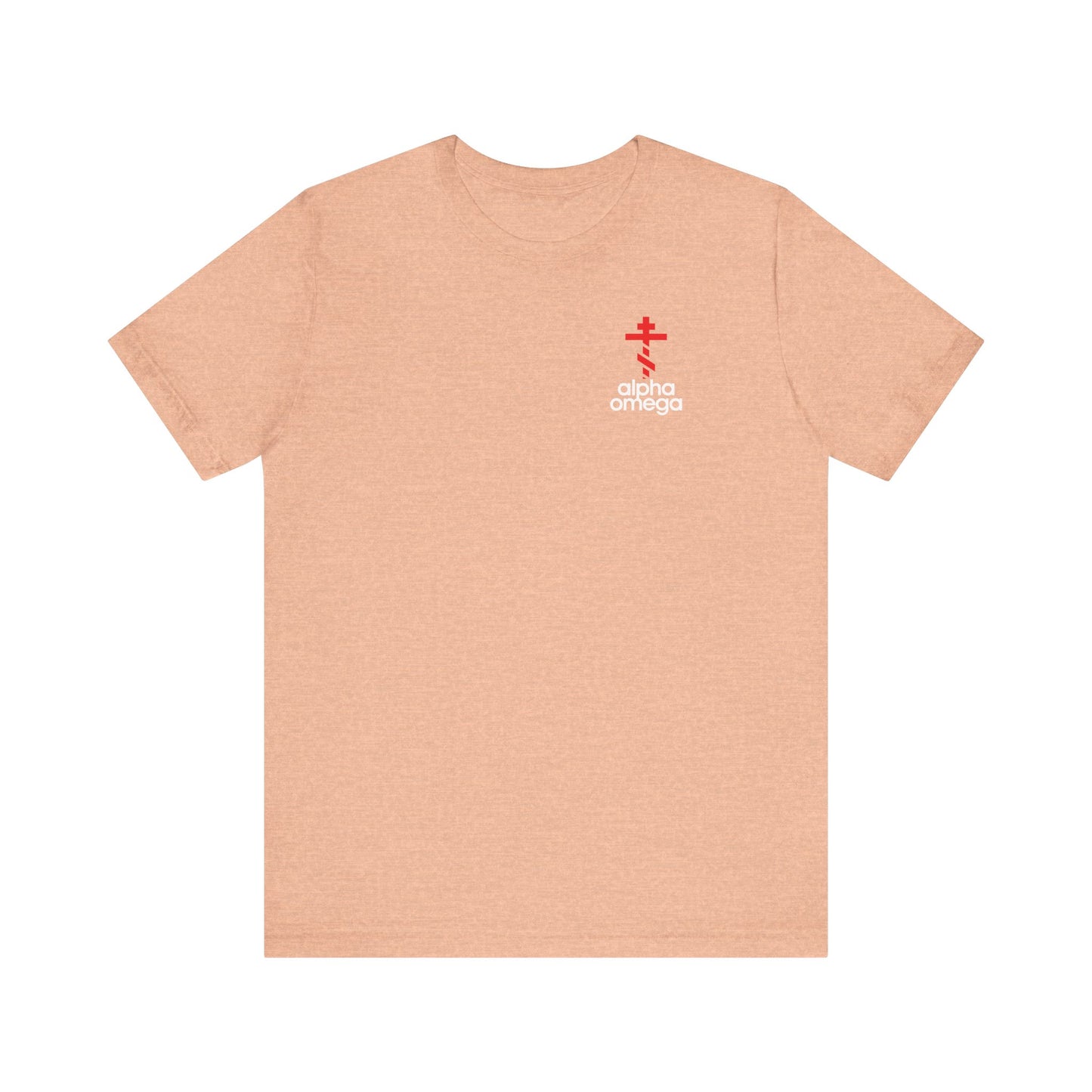 The Alpha & Omega Red Orthodox Cross Minimalist Tee in Heather Peach features a small red cross and alpha omega text on the chest, inspired by Adidas, symbolizing prayer and repentance in the Christian life.