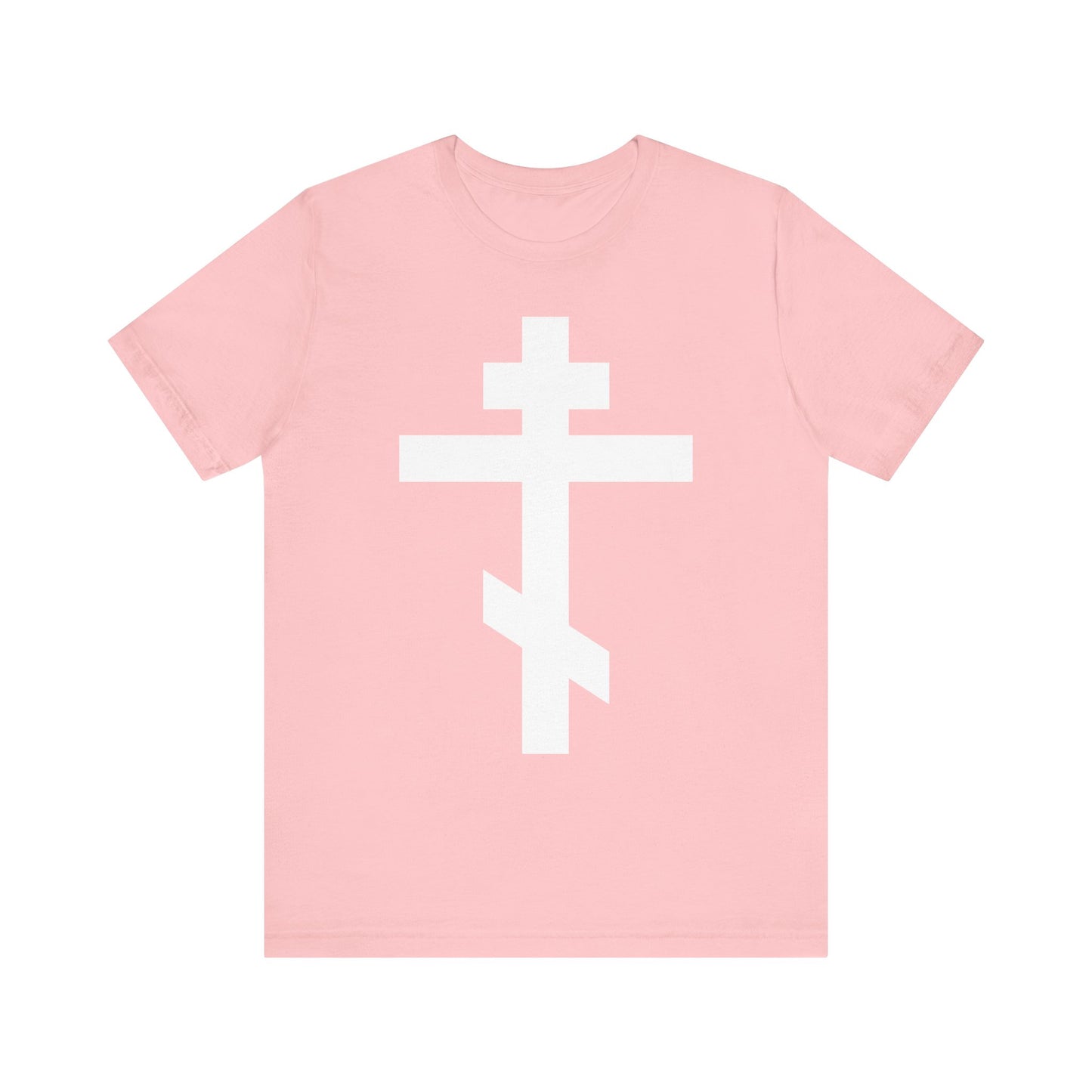 Pink unisex lightweight cotton tee featuring a large white Orthodox cross on the front, inspired by St. John of Kronstadt’s message of salvation. Design includes the phrase: “By the power of Thy Cross do Thou preserve Thy people.”.