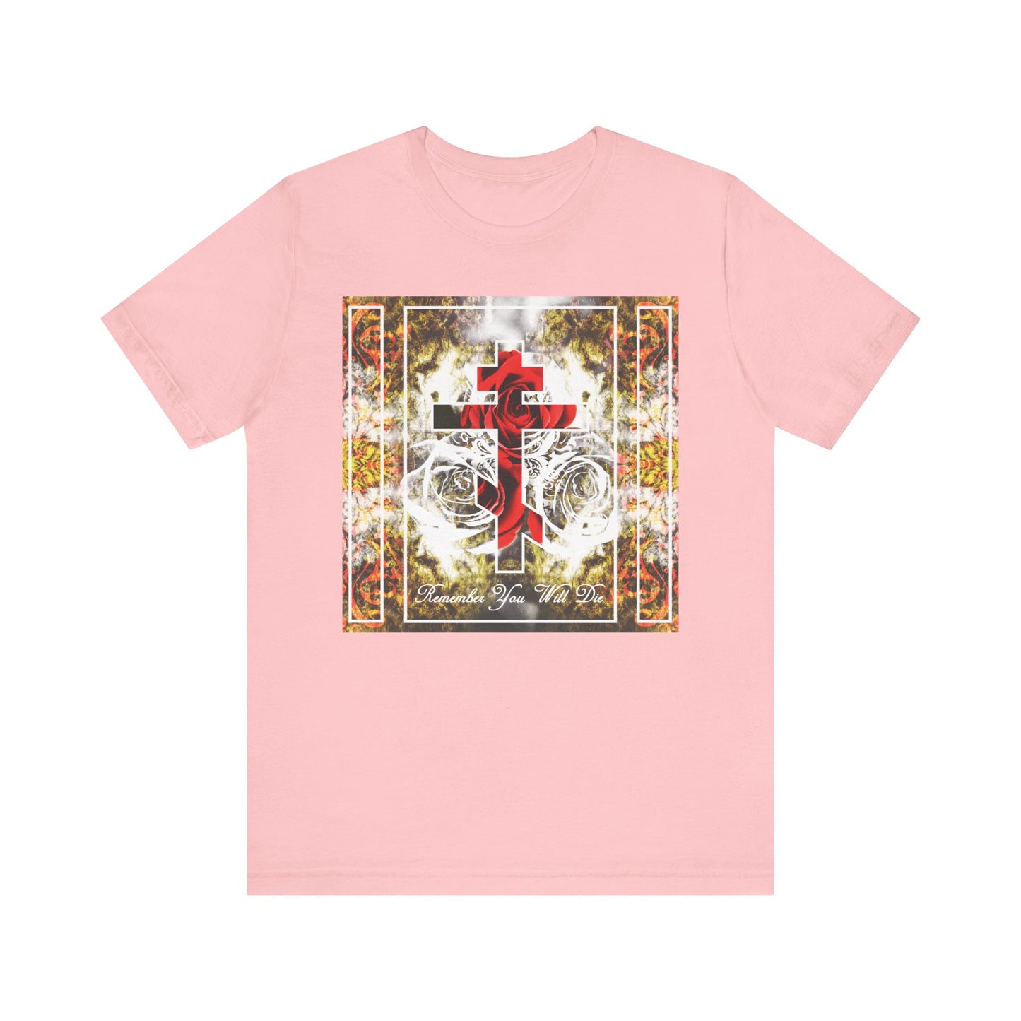 Introducing the "Remember You Will Die Elegant Font" unisex tee in pink—a lightweight cotton t-shirt featuring an Orthodox cross adorned with roses and a floral texture alongside the inspirational "Memento Mori" message. Designed for comfort with its classic short sleeve silhouette, this Christian-themed shirt combines unique style and soft wearability.