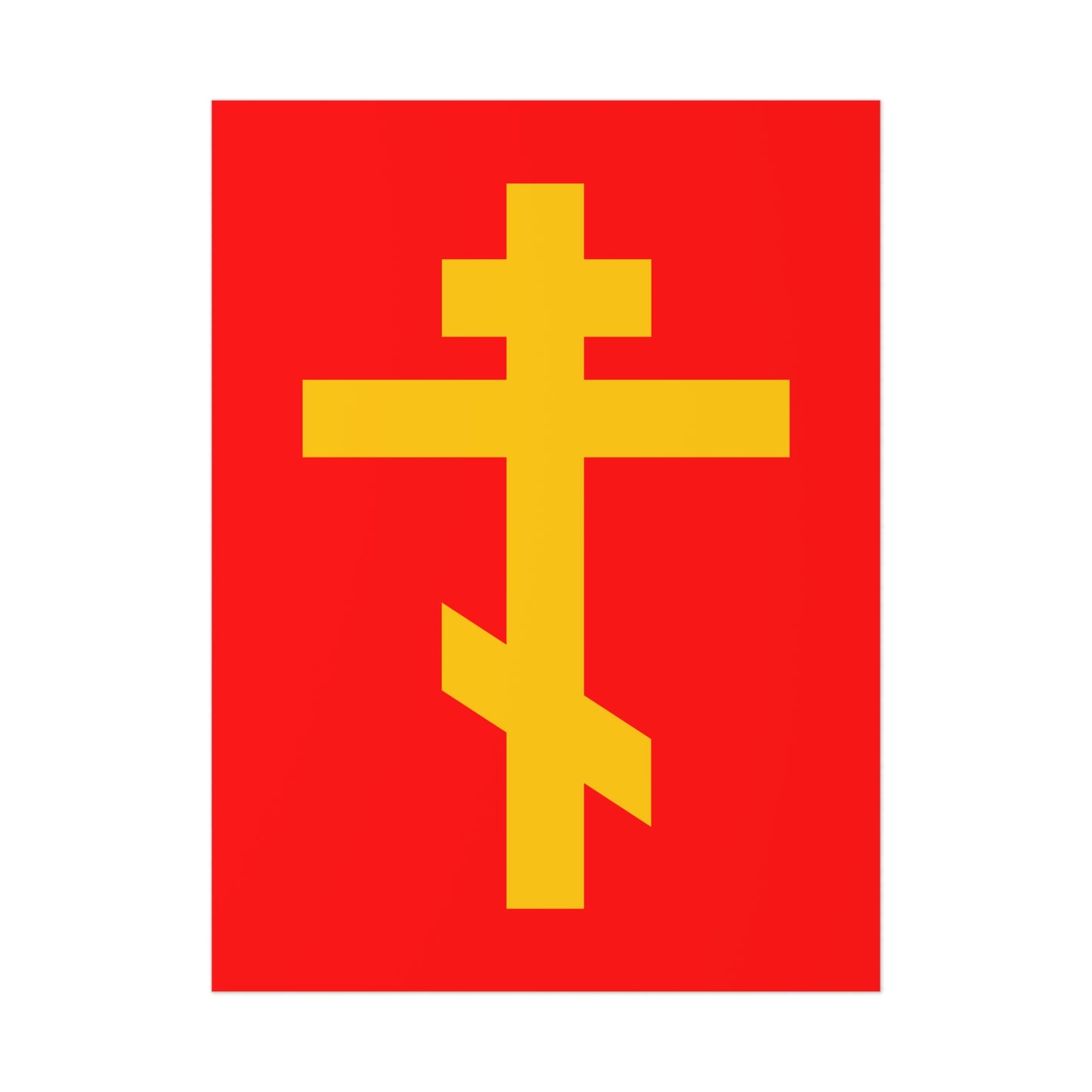 The Yellow Orthodox Cross Red Background poster features a yellow cross on red, symbolizing the precious and life-giving weapon of unseen warfare and the scourge of demons in Orthodox tradition.