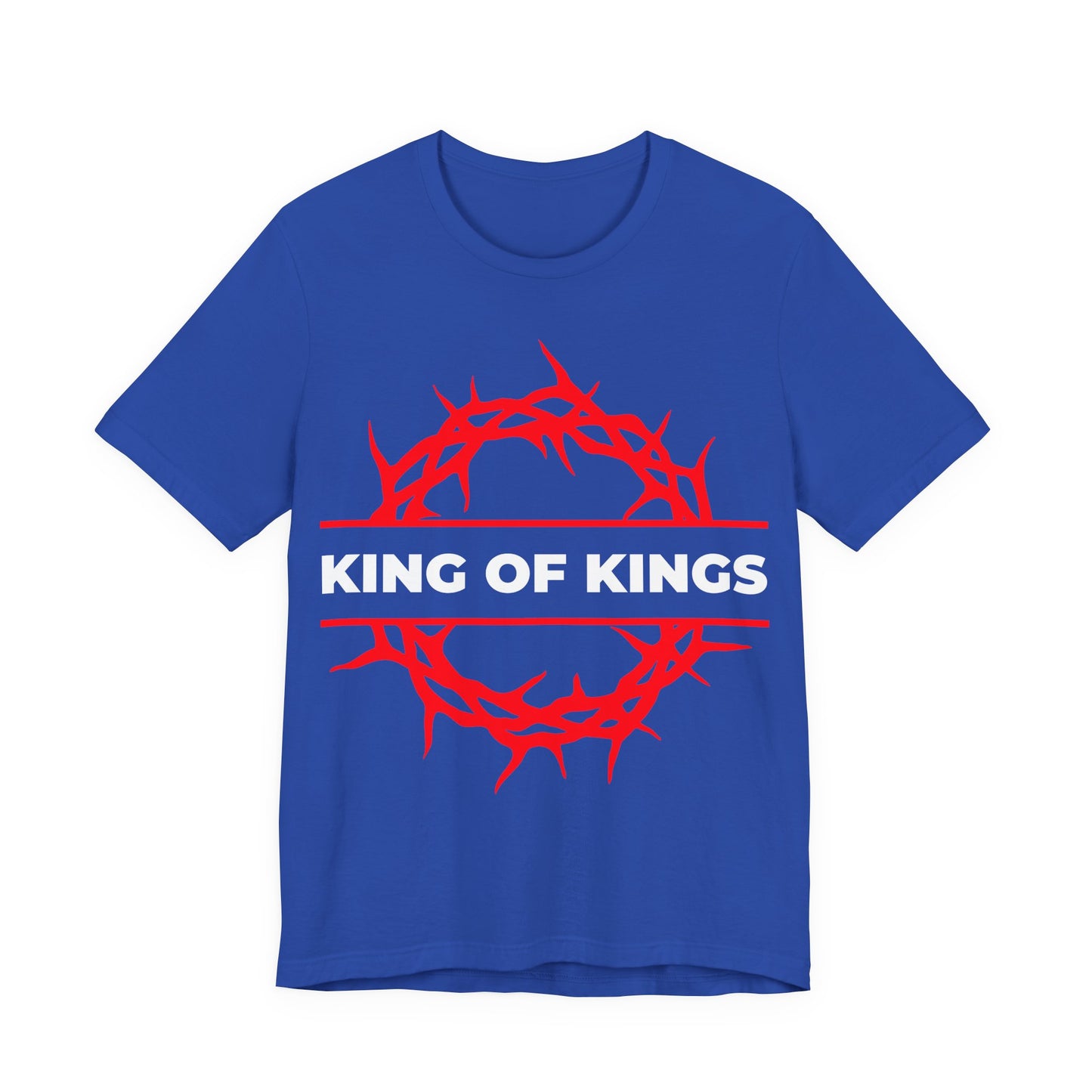 True Royal unisex tee featuring a red crown of thorns and "KING OF KINGS" in bold white, inspired by Christ from Revelation 19:16. Orthodox Christian cotton shirt—The King of Glory, Christ is King.