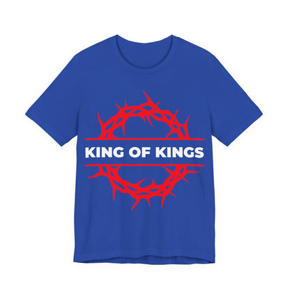 True Royal unisex tee featuring a red crown of thorns and "KING OF KINGS" in bold white, inspired by Christ from Revelation 19:16. Orthodox Christian cotton shirt—The King of Glory, Christ is King.
