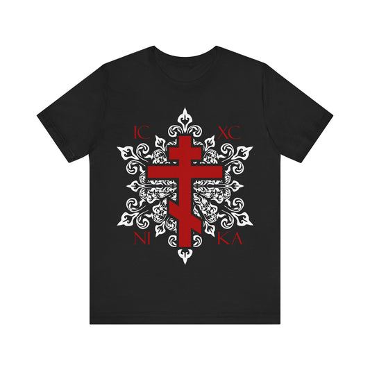 ICXC / NIKA Red Orthodox Cross on Ornate White Medieval Floral Design | Best-Selling Orthodox Christian Cotton Unisex Tee