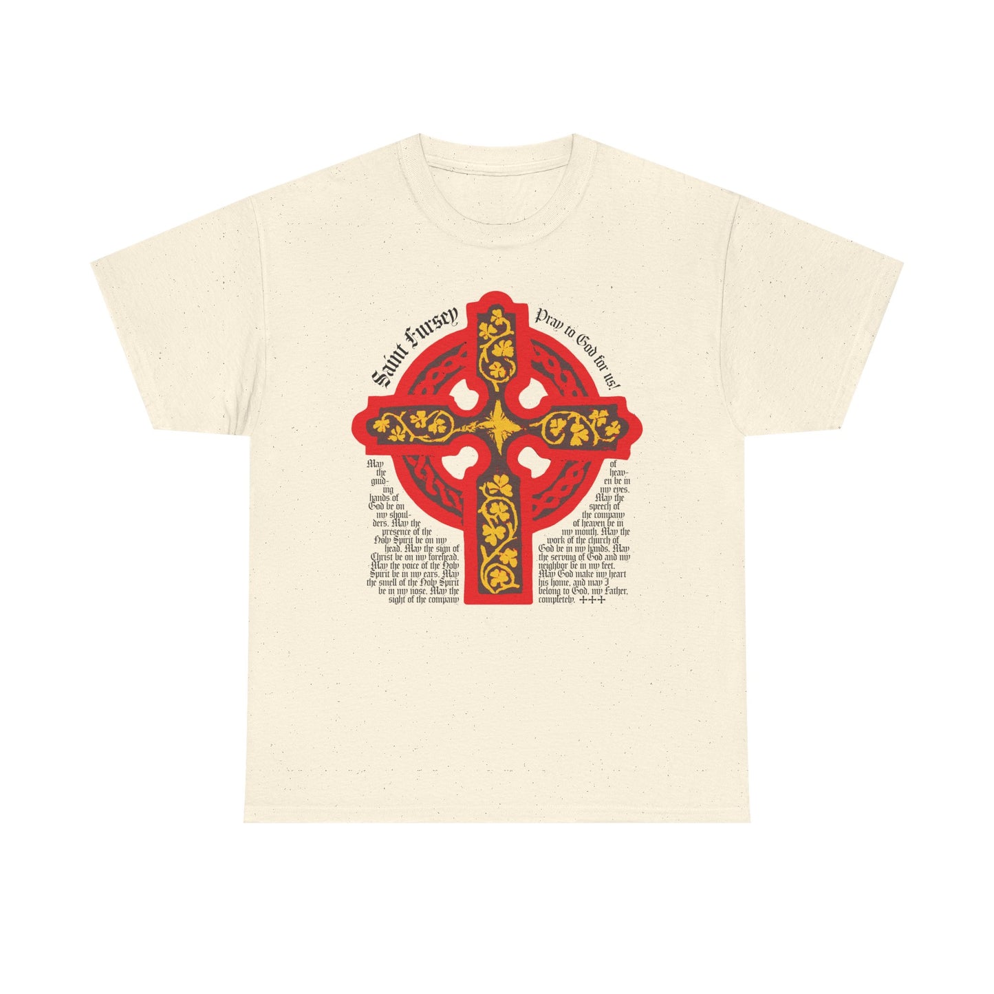 Natural unisex tee featuring a red and yellow Celtic cross, Lorica Shield Prayer of St Fursey, and Irish Orthodox design—honoring Western Rite Christian heritage.