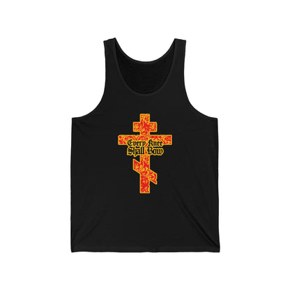 Black tank top with a gold and red floral Orthodox cross, gothic lettering, and "Every Knee Shall Bow" inspired by Isaiah 45:22-24 & Phil 2:7-11. Christian apparel referencing the righteousness of Jesus Christ.