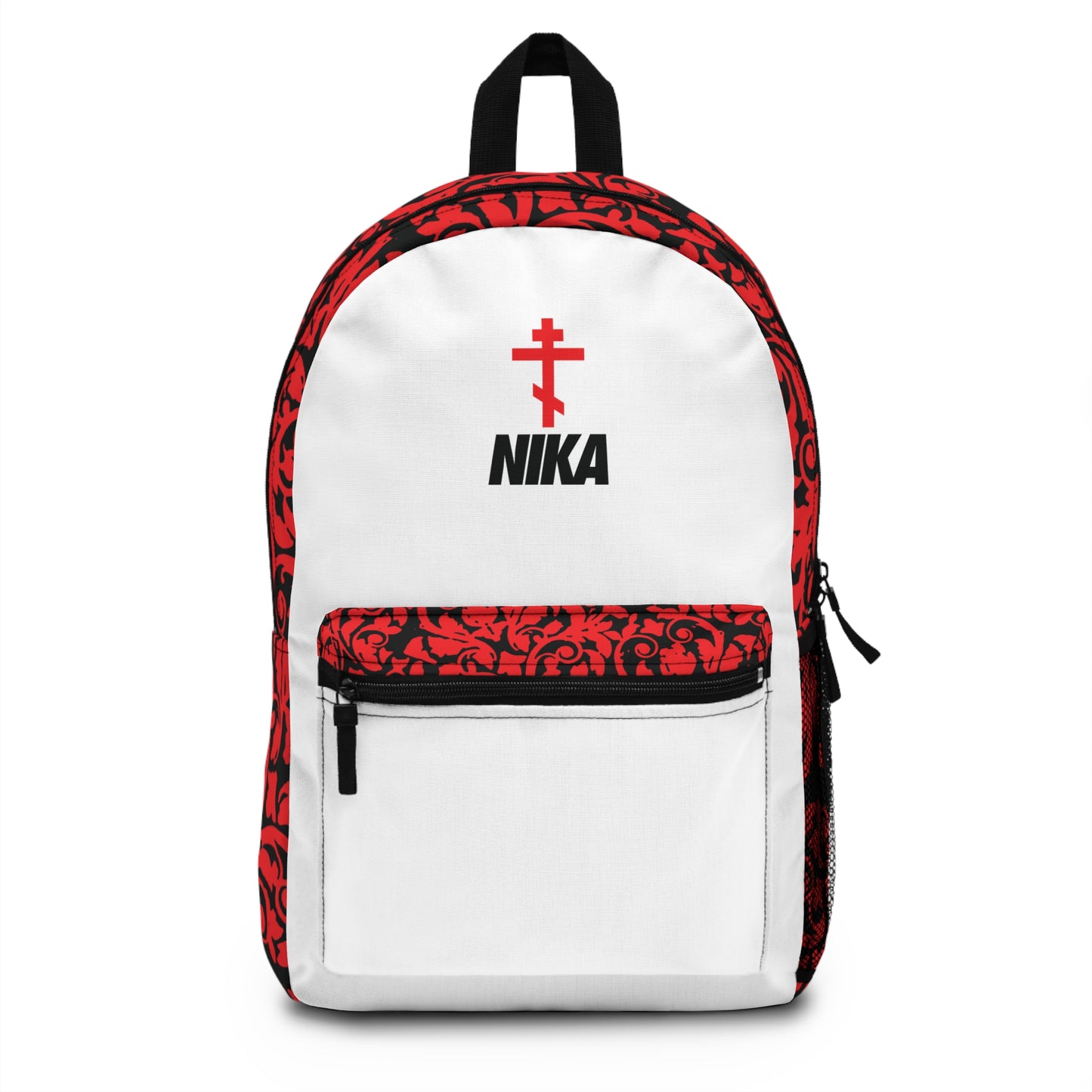 NIKA Red Orthodox Cross Black Text White Background | NIKE Logo Mashup | Minimalist Corporate Sports Logo Aesthetic | Orthodox Christian Backpack