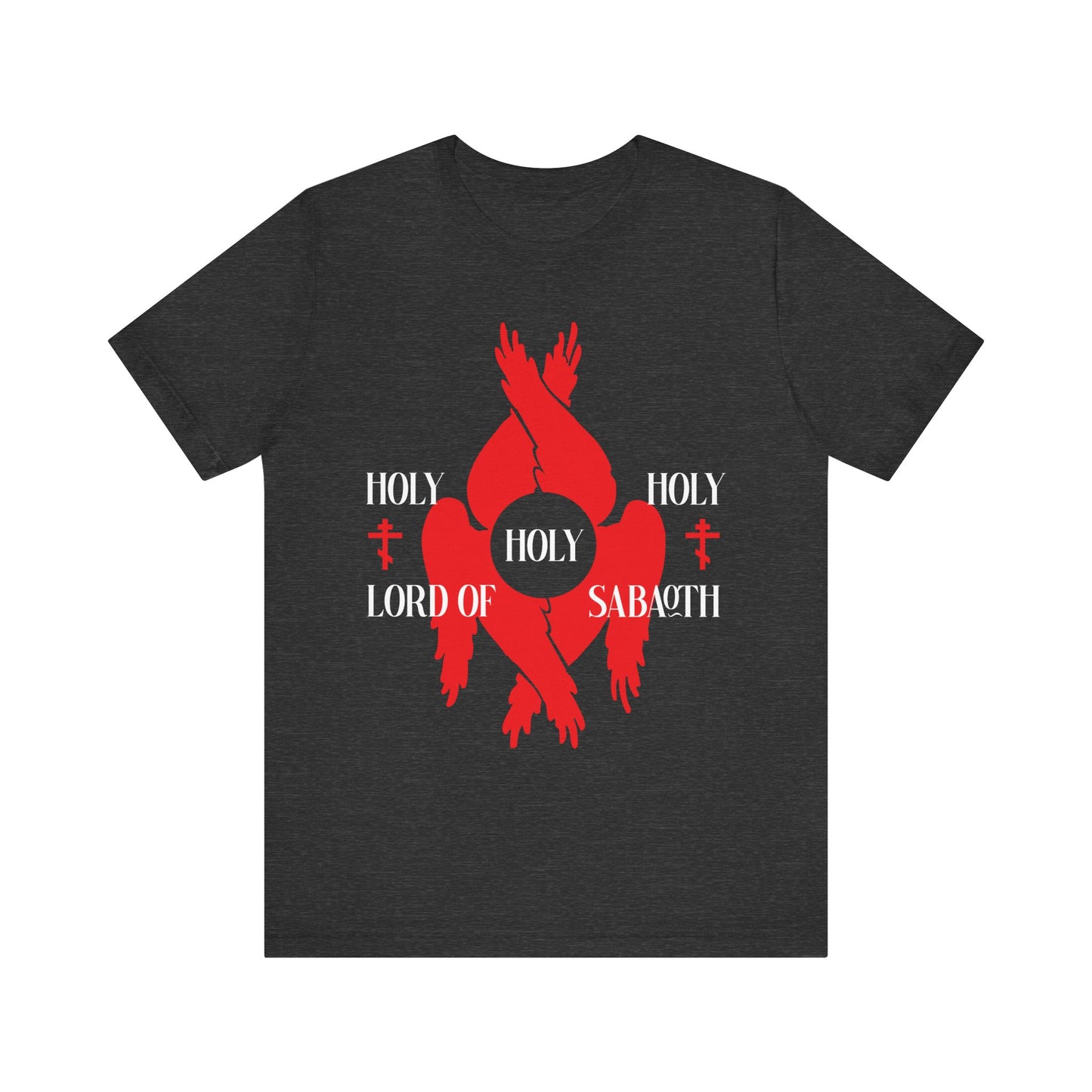 Dark Grey Heather t-shirt with red seraphim wings, white "Holy Holy Holy Lord of Sabaoth" text, Orthodox crosses, inspired by Isaiah 6:3. Lightweight cotton unisex design.