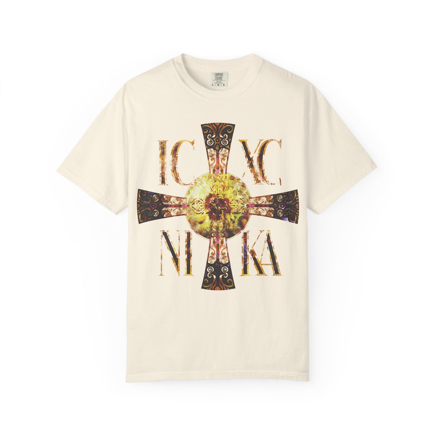 Ivory heavyweight cotton unisex tee featuring a Celtic-style equal-armed ICXC NIKA cross with bright solar texture—radiating like the never-setting Sun.