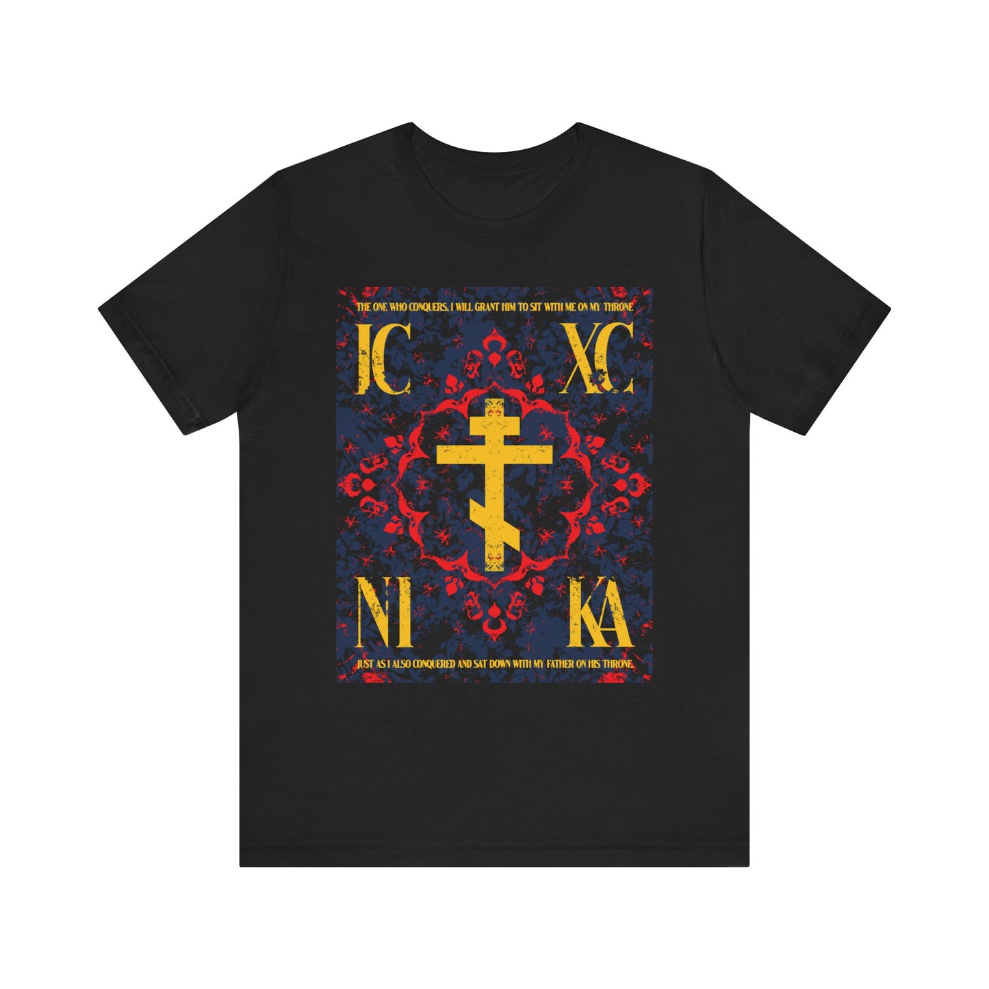 Black t-shirt with medieval floral IC XC NIKA Orthodox Cross, "The One Who Conquers" (Revelation 3:21), ornate colors, and Cyrillic-style letters—a bold expression of faith. Lightweight cotton unisex fit.