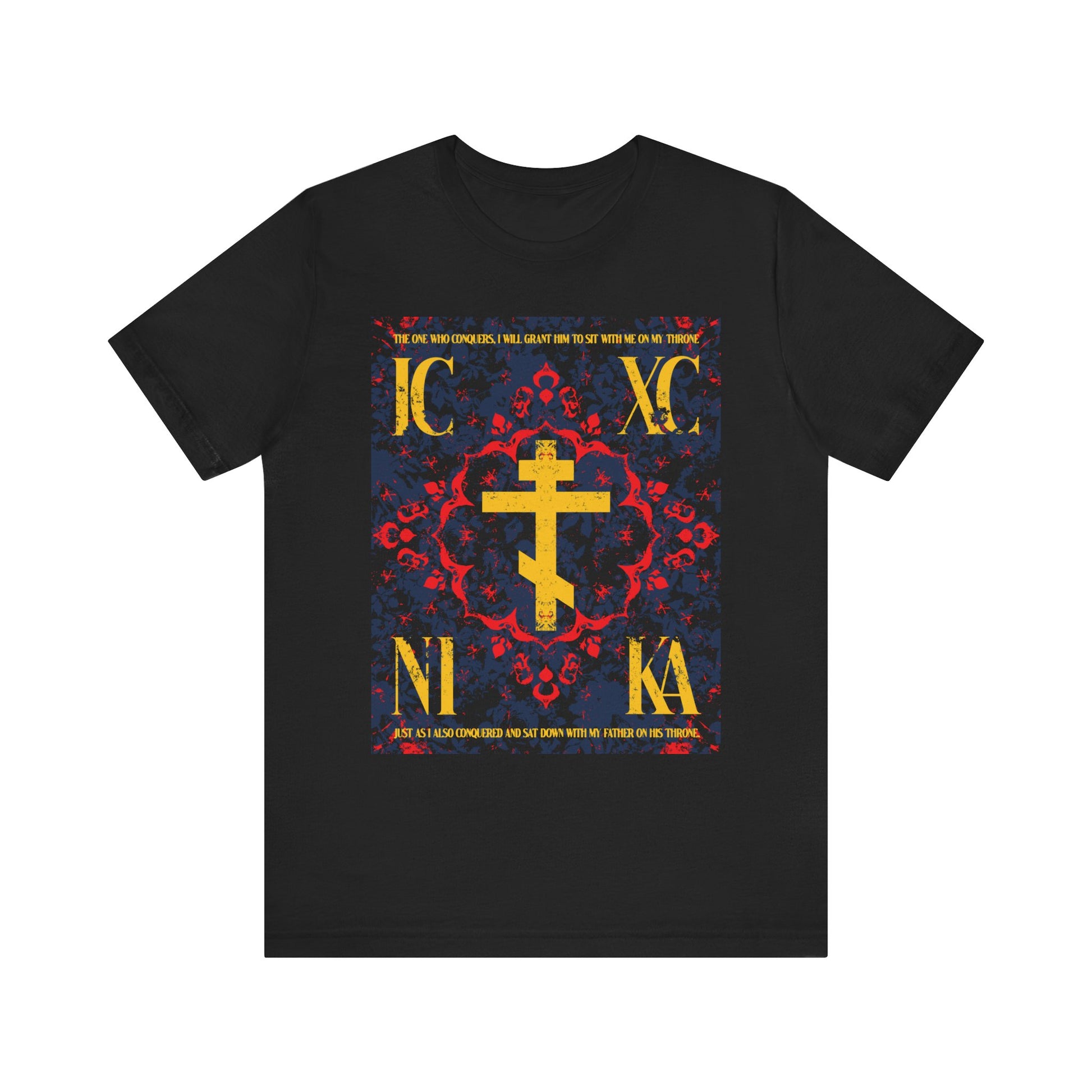Black t-shirt with medieval floral IC XC NIKA Orthodox Cross, "The One Who Conquers" (Revelation 3:21), ornate colors, and Cyrillic-style letters—a bold expression of faith. Lightweight cotton unisex fit.