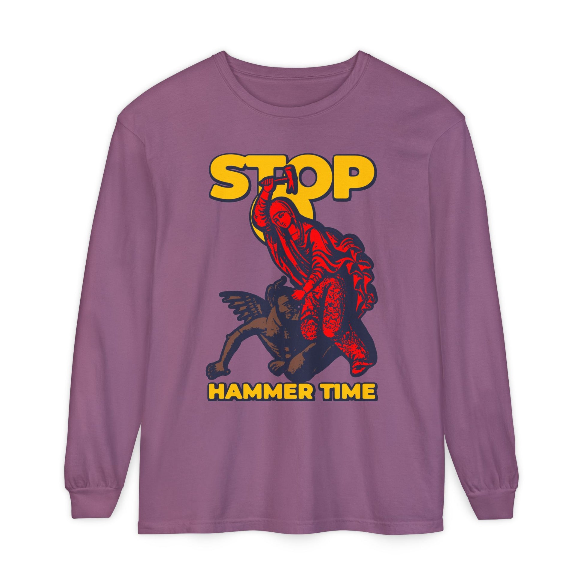 St Marina of Antioch Beating the Devil with a Hammer long sleeve—features bold STOP, HAMMER TIME text in yellow and vibrant red/blue design. Modern Orthodox meme, inspired by Saint Marina; perfect for Christian humor fans!.