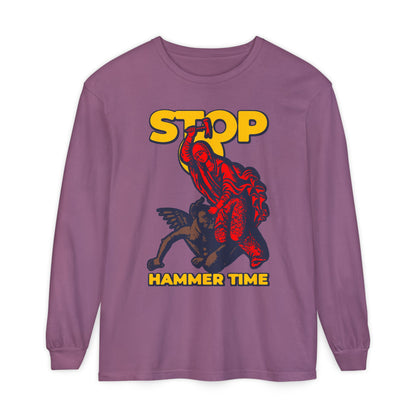 St Marina of Antioch Beating the Devil with a Hammer long sleeve—features bold STOP, HAMMER TIME text in yellow and vibrant red/blue design. Modern Orthodox meme, inspired by Saint Marina; perfect for Christian humor fans!.