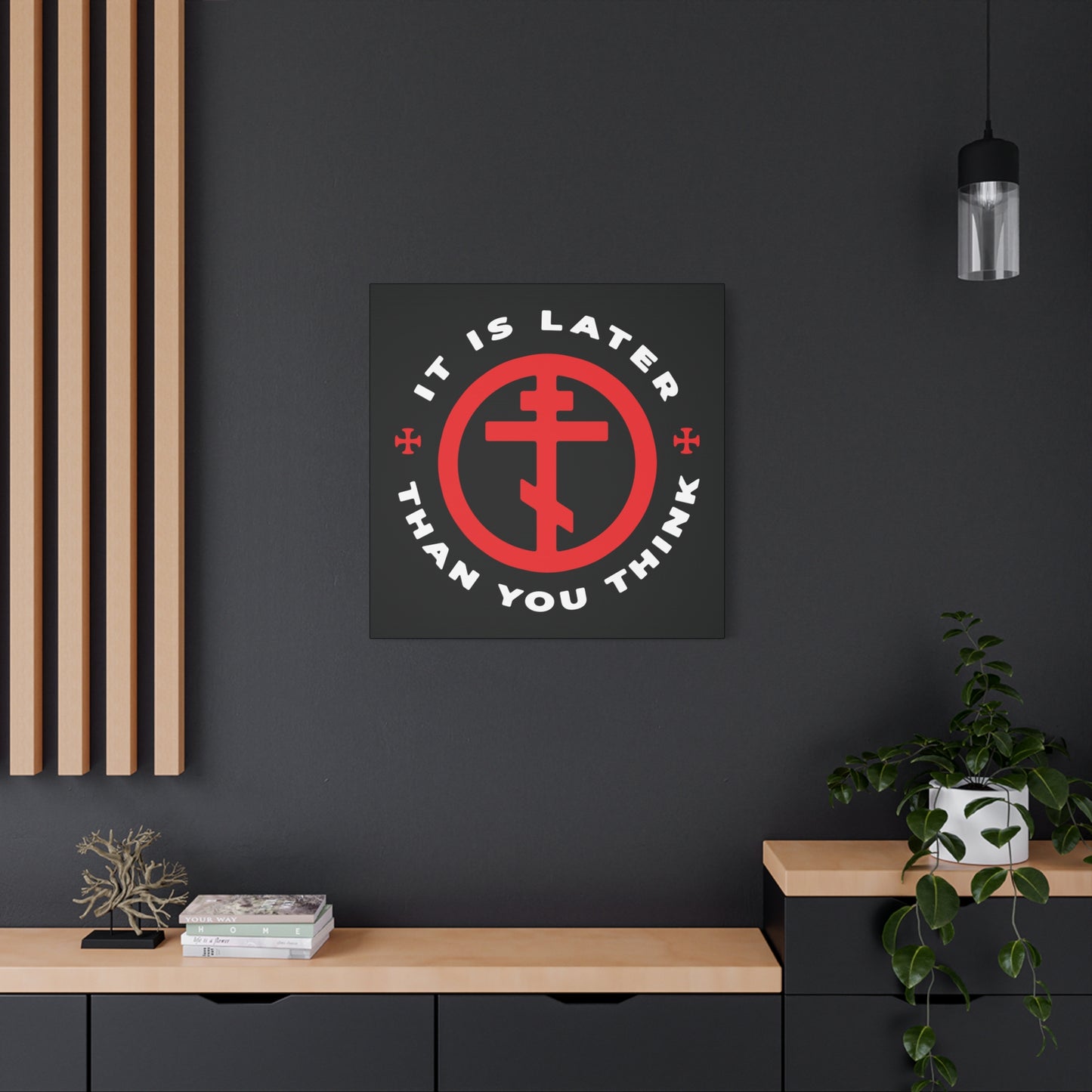 The "It Is Later Than You Think | Fr Seraphim Rose" wall art features an Orthodox cross in a circle with memento mori text, inspired by the American saint’s call to cast off darkness and embrace the light.
