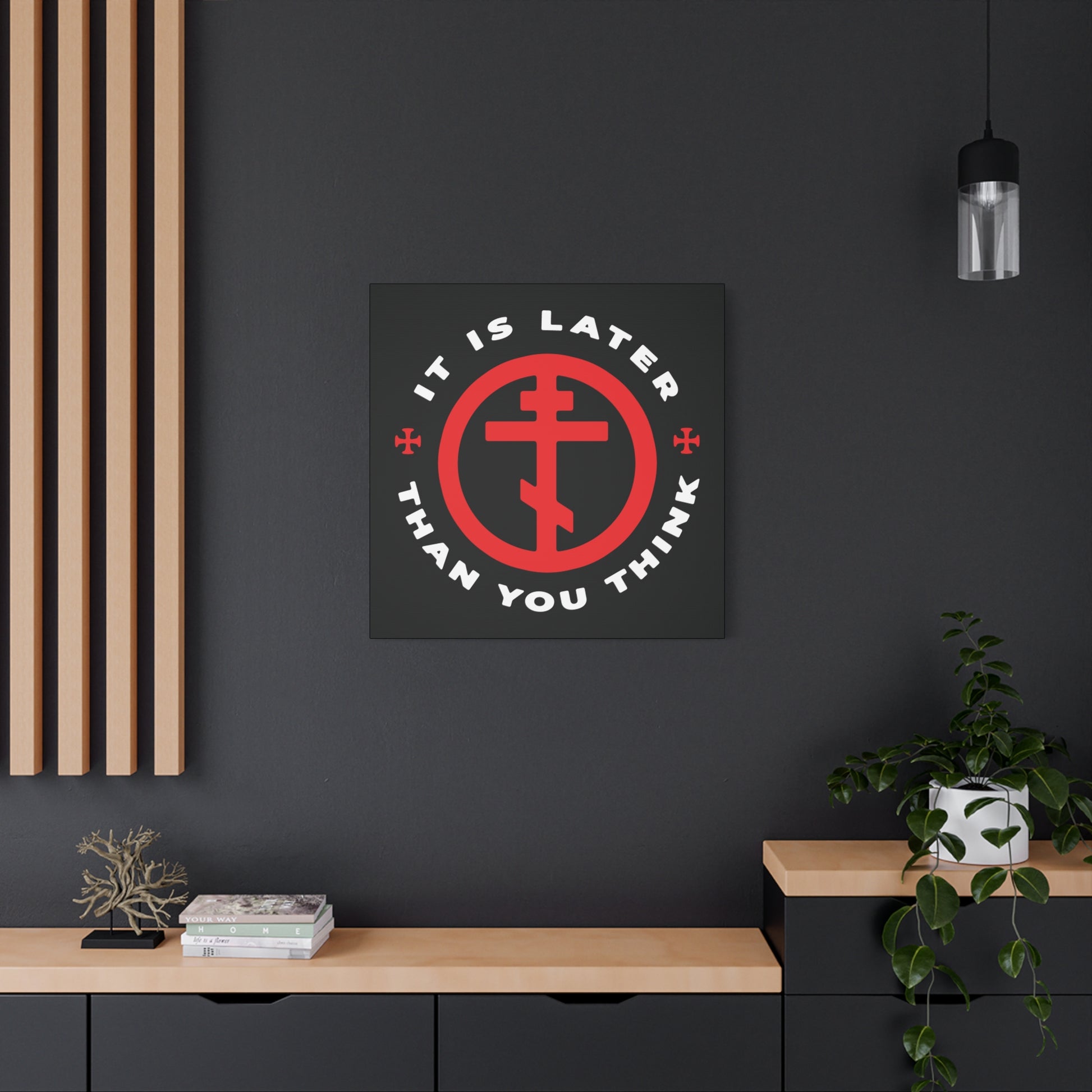 The "It Is Later Than You Think | Fr Seraphim Rose" wall art features an Orthodox cross in a circle with memento mori text, inspired by the American saint’s call to cast off darkness and embrace the light.
