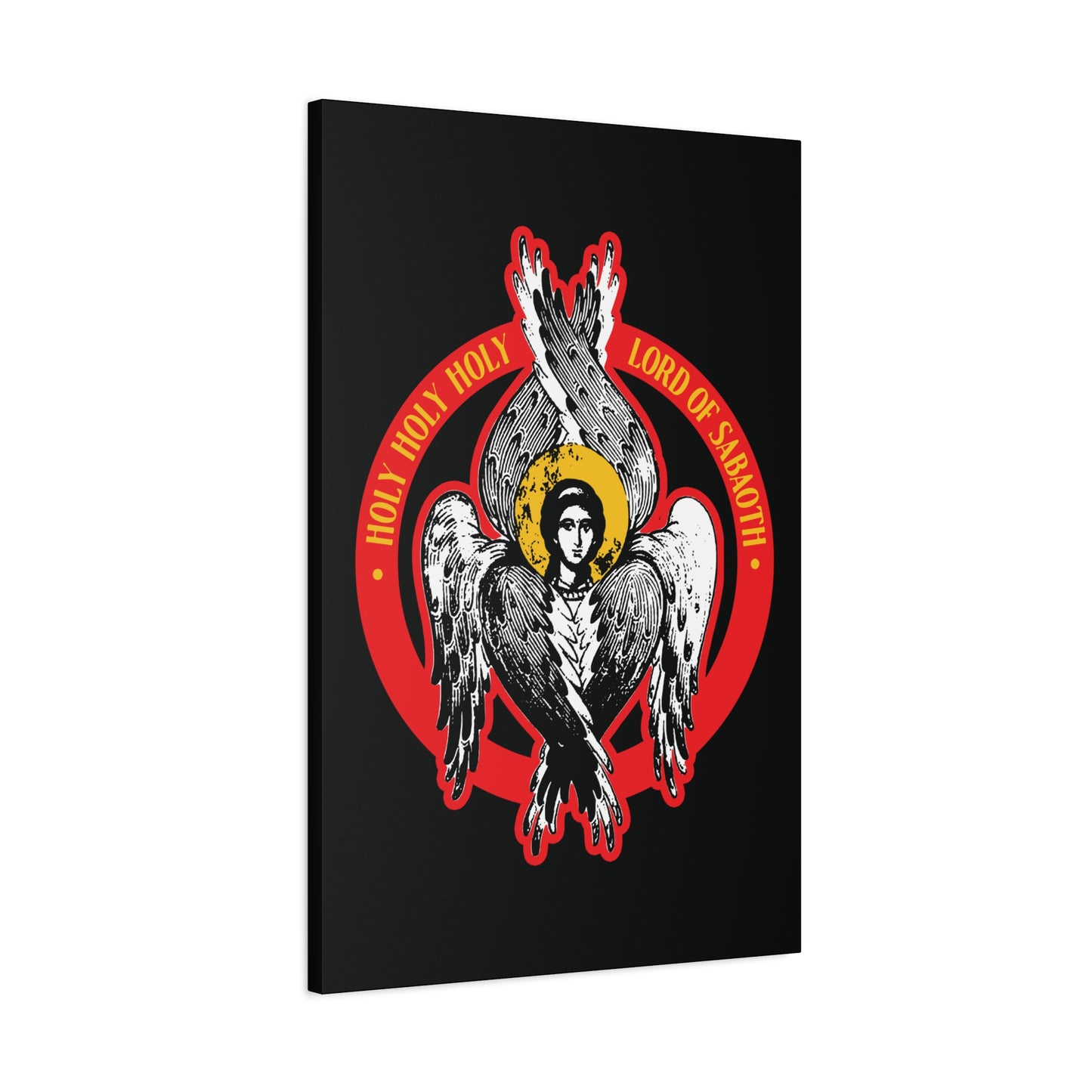 Holy Holy Holy, Lord of Sabaoth | Orthodox Seraphim Angel IconoGraphic: Six-winged angel with halo in red circle and gold text on black, inspired by Isaiah 6. Unique Christian wall art for your unseen realm.