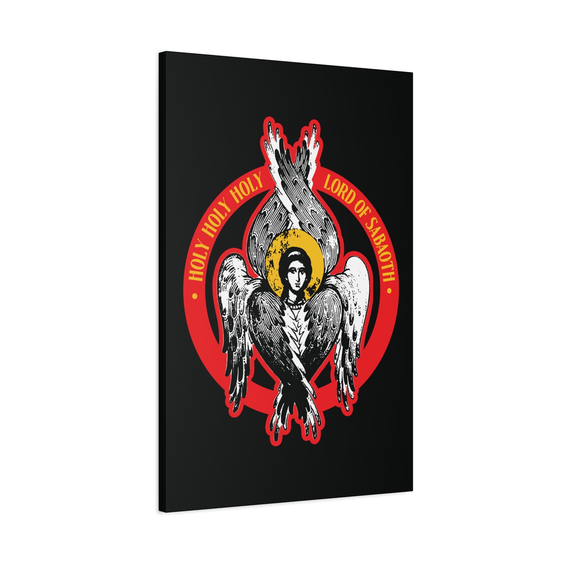 Holy Holy Holy, Lord of Sabaoth | Orthodox Seraphim Angel IconoGraphic: Six-winged angel with halo in red circle and gold text on black, inspired by Isaiah 6. Unique Christian wall art for your unseen realm.