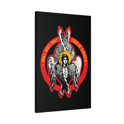 Holy Holy Holy, Lord of Sabaoth | Orthodox Seraphim Angel IconoGraphic: Six-winged angel with halo in red circle and gold text on black, inspired by Isaiah 6. Unique Christian wall art for your unseen realm.
