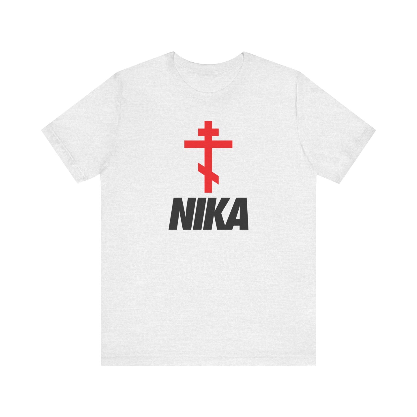 Ash-colored unisex tee featuring a bold Orthodox cross and NIKA text in a NIKE logo mashup, blending minimalist Christian design with athletic ascetic fashion. Lightweight cotton for comfort and style.