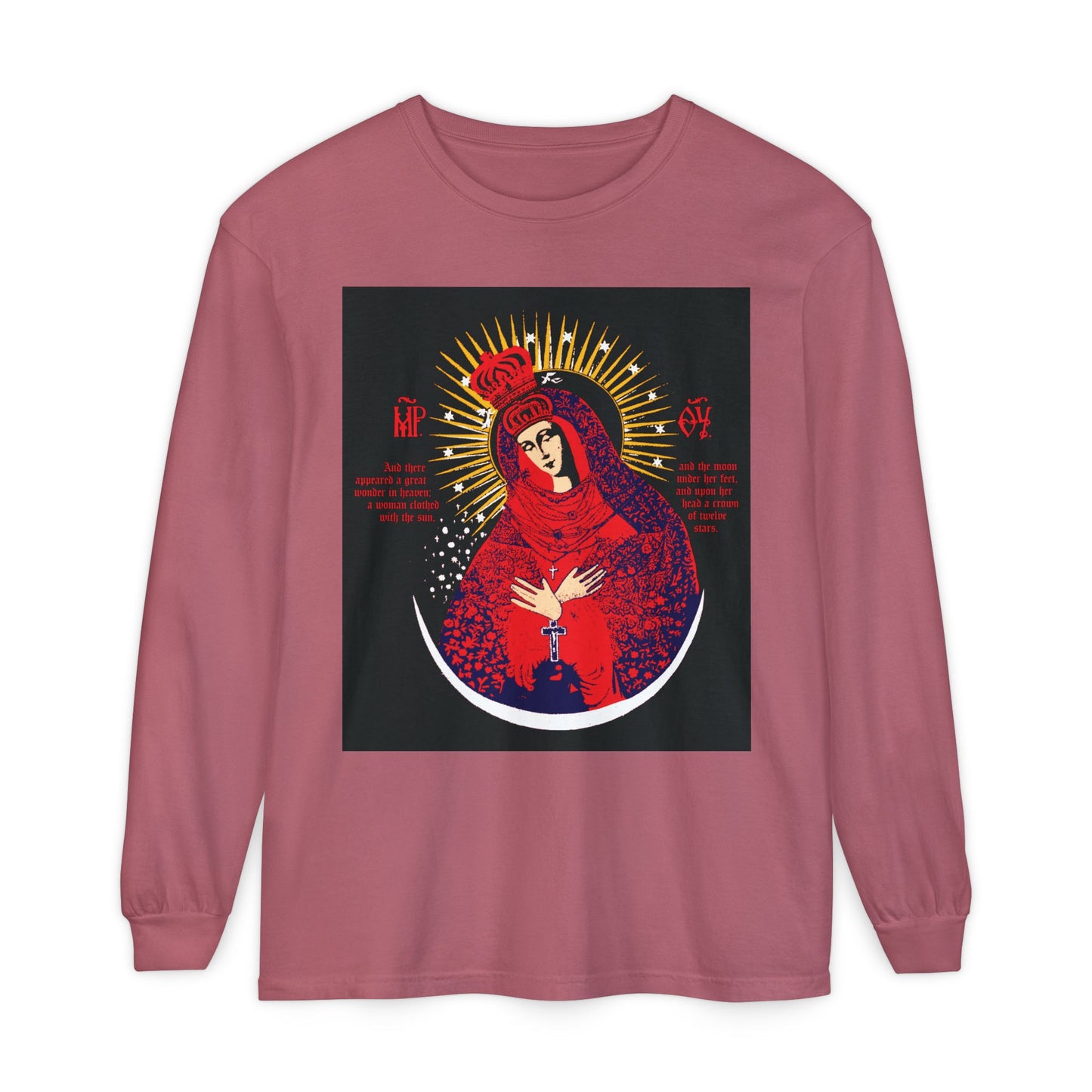 Crimson long-sleeve cotton shirt featuring the "Our Lady the Gate of Dawn Icono-Graphic"—a crowned Theotokos, Woman of the Apocalypse, in red, blue & gold Orthodox design.